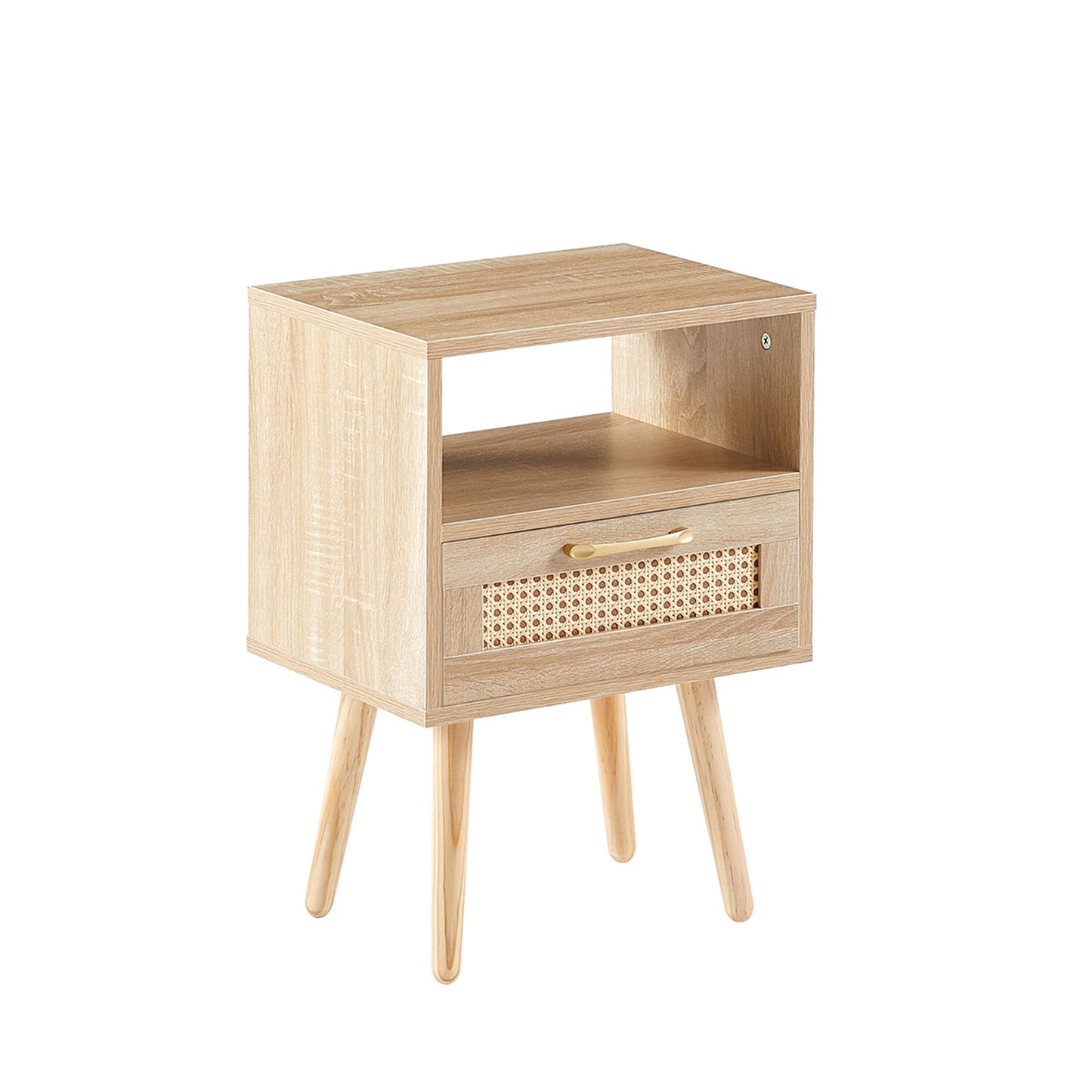 15.75" Rattan End Table With Drawer And Solid Wood Legs, Modern Nightstand, Side Table For Living Room, Bedroom - Natural