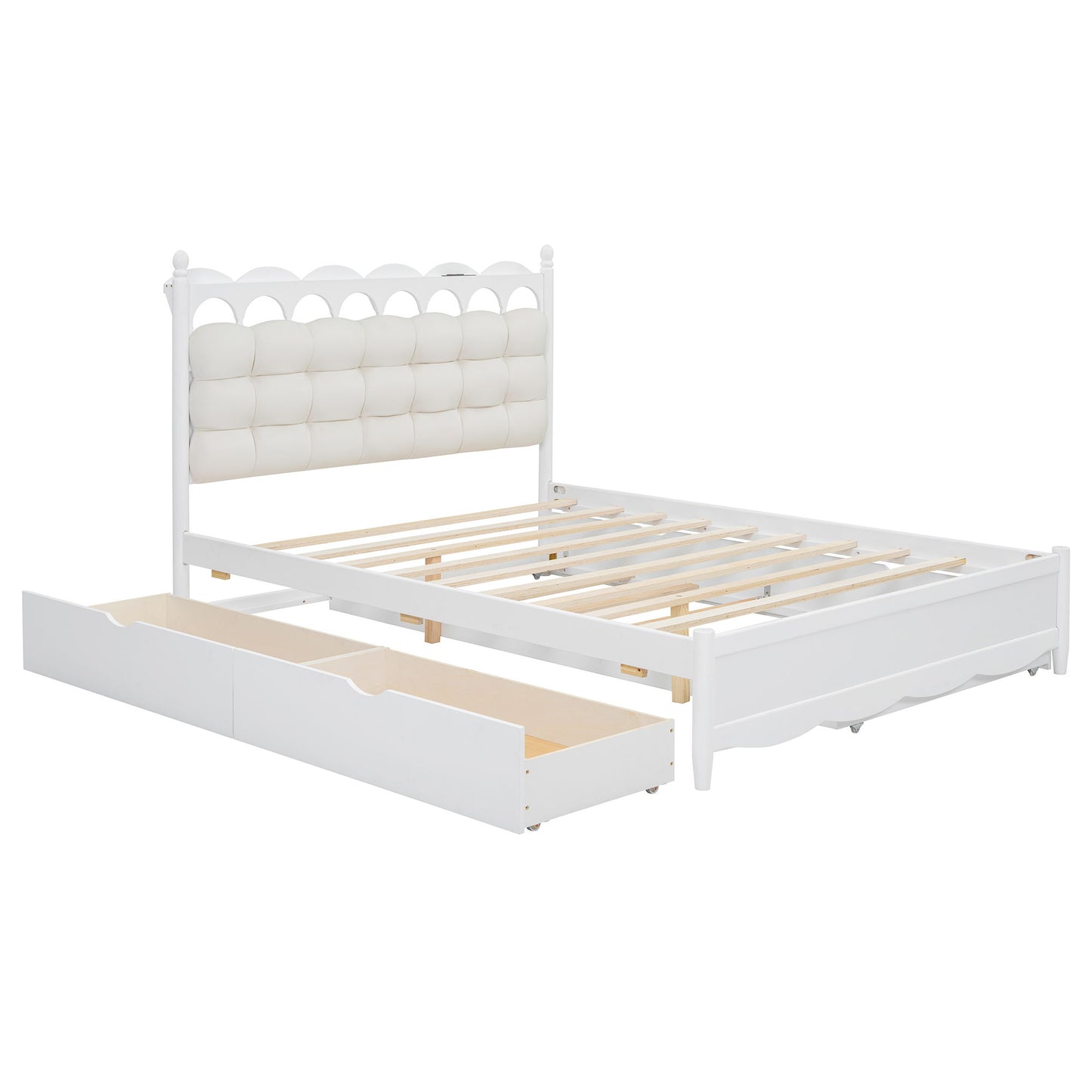 Queen Size Storage Platform Bed, With 2 Big Drawers, Twin Long Size Trundle, One Set Of Sockets & USB Ports - White