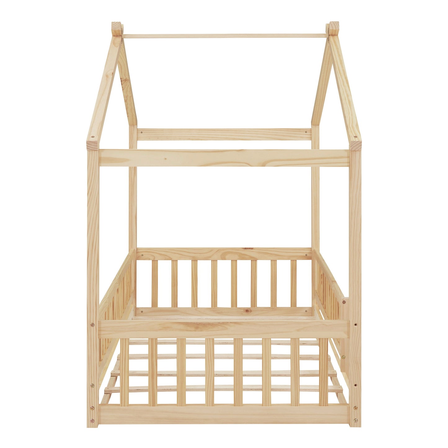 Twin Size Bed House Bed Frame With Fence - Natural