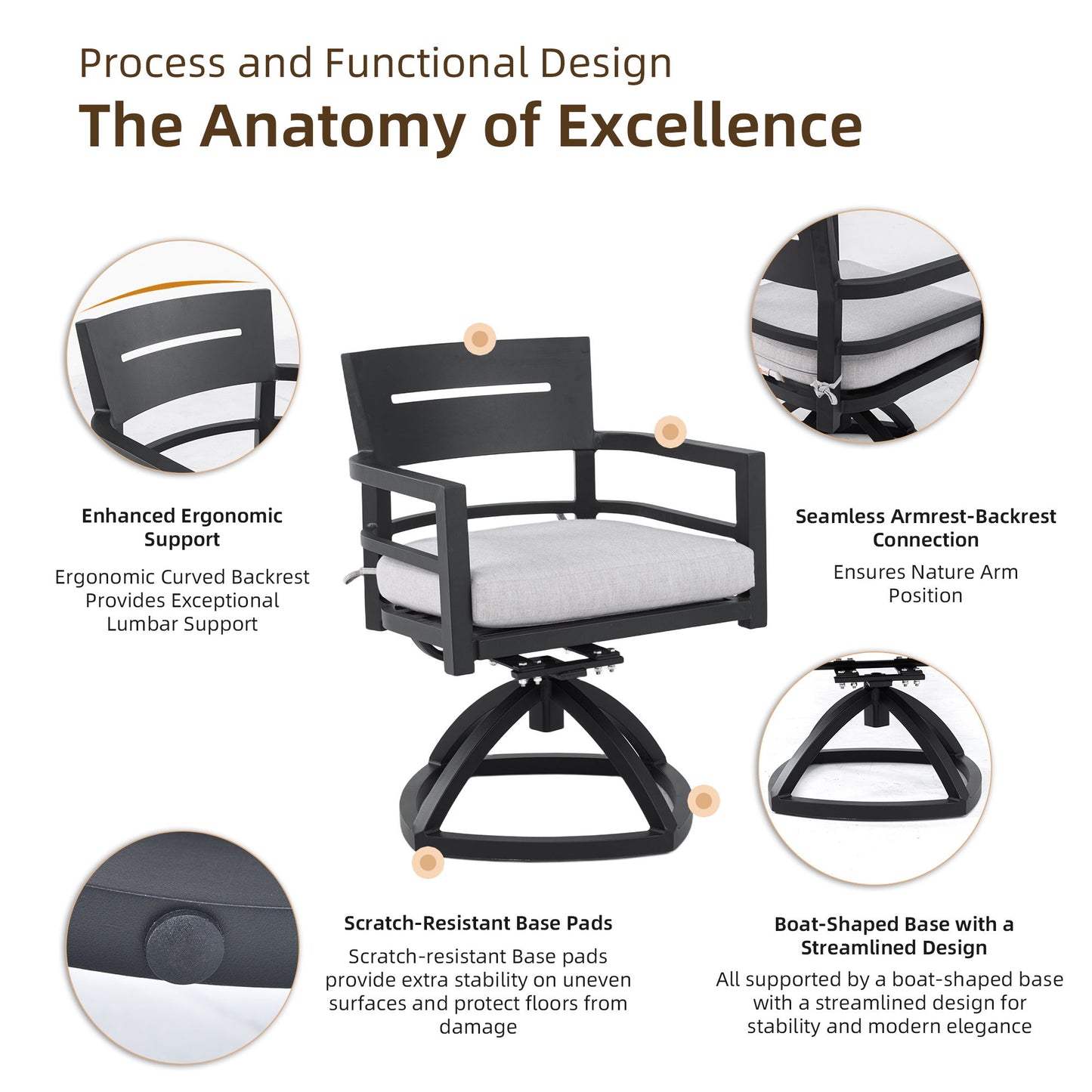 5 Piece Outdoor Pedestal Dining Set, Rounded Square Table With Flared Base And 4 Swivel Rockers - Ember Black