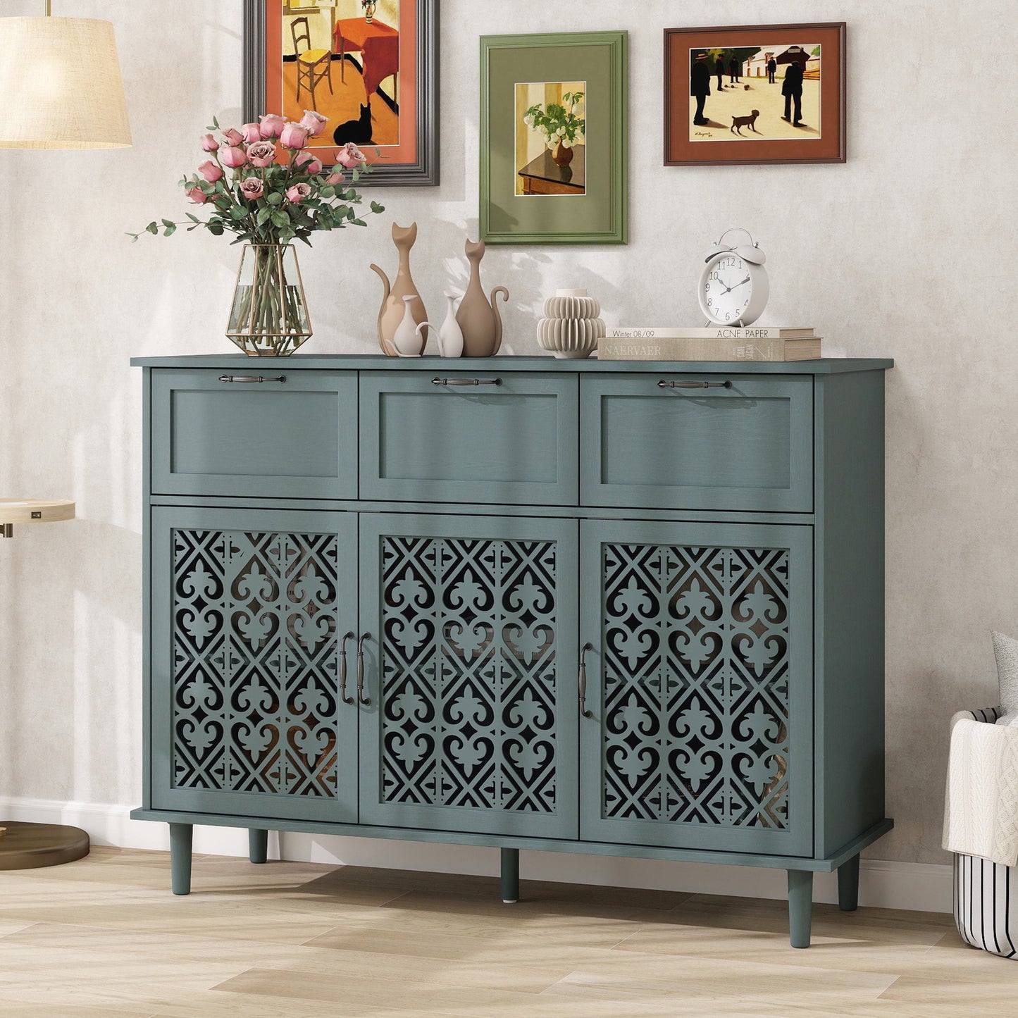 3 Door 3 Drawer Cabinet, American Furniture, Suitable For Bedroom, Living Room, Study - Dark Green