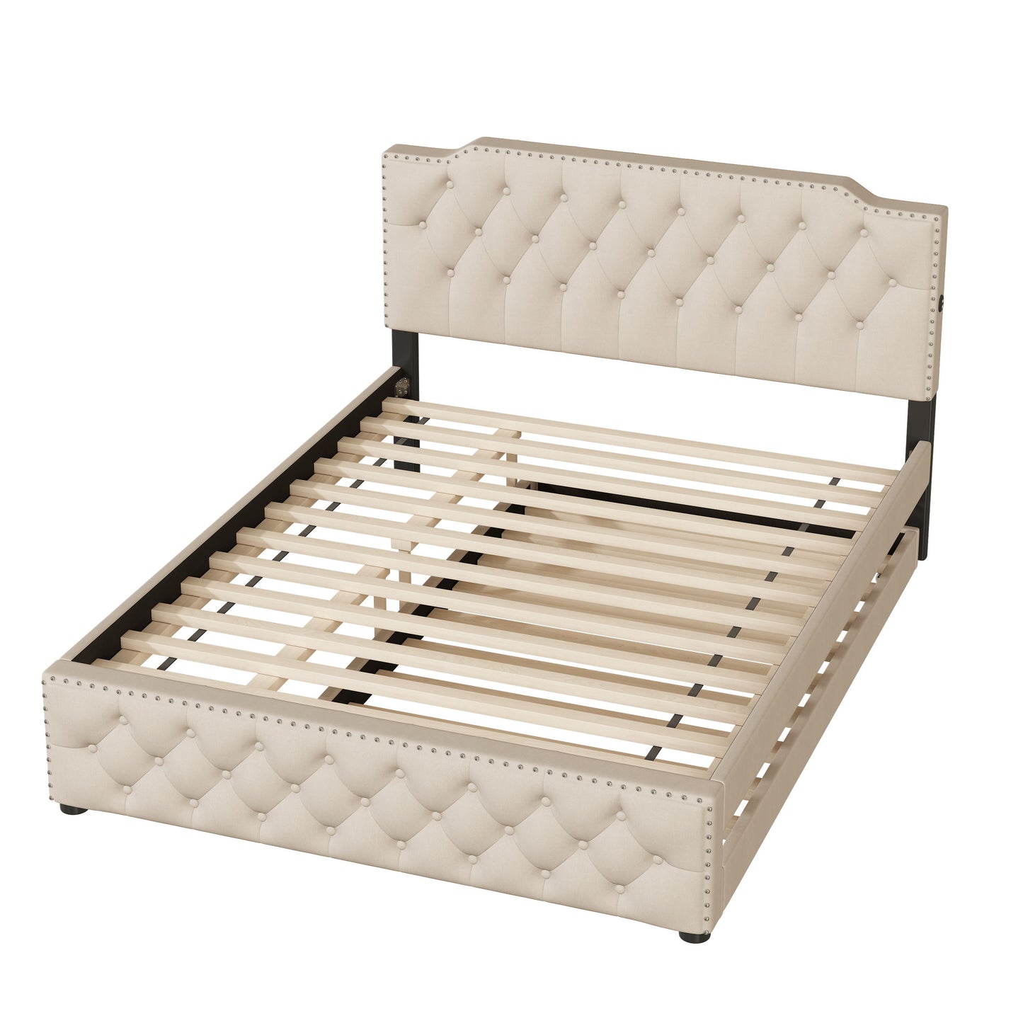 Queen Size Upholstered Platform Bed With Twin Size Trundle And 2 Sets Of USB Ports On Each Side - Beige
