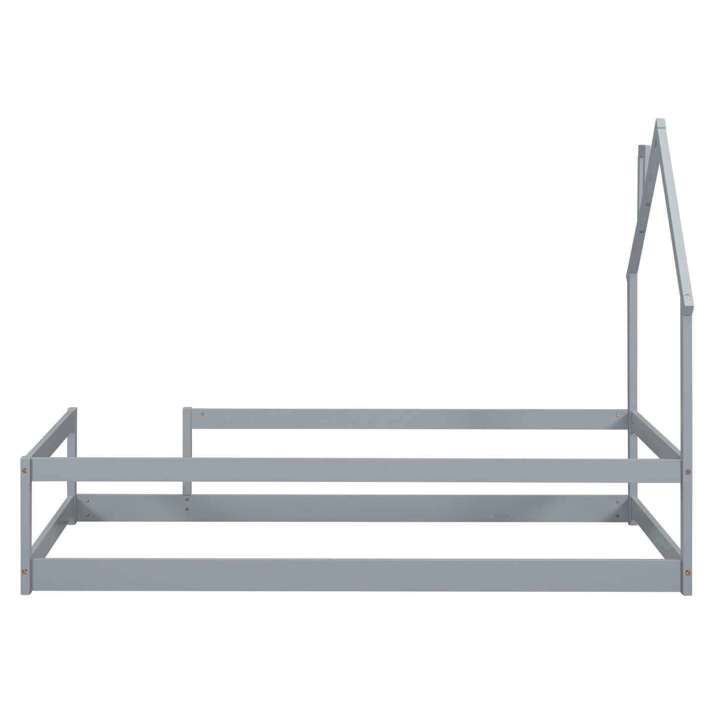 Twin Size Wood Bed With House-Shaped Headboard Floor Bed With Fences - Gray