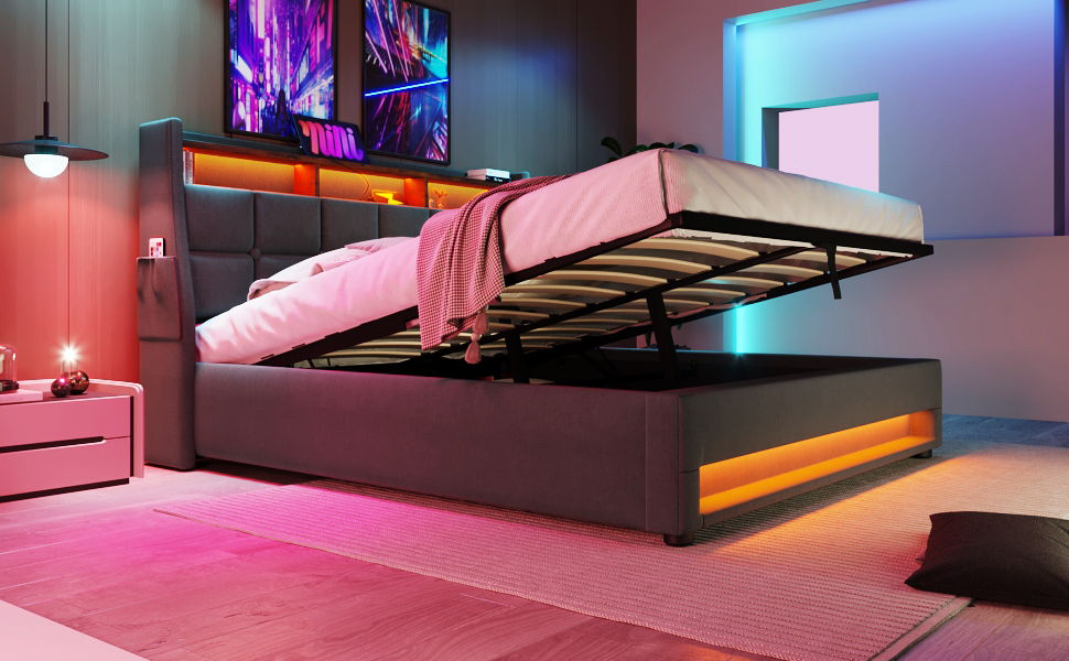 Full Size Upholstered Platform Bed With A Hydraulic Storage System, LED And USB Charging (Without Mattress) - Gray