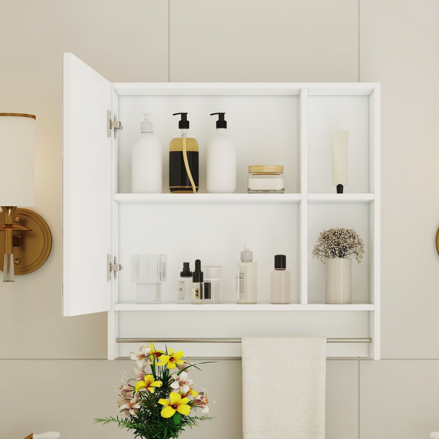 Wall Mounted Bathroom Storage Cabinet With Mirror Door, Medicine Cabinet, Over The Toilet Storage Cabinet With Shelves And Towel Rack - White