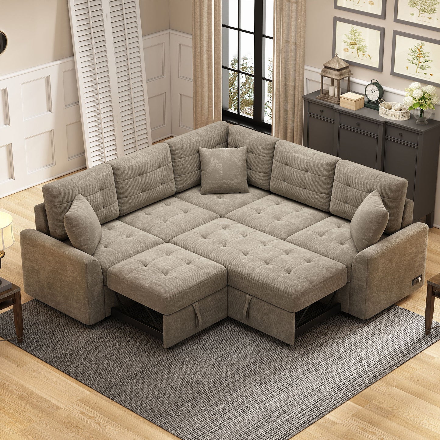 L-Shape Sofa Bed Pull-Out Sleeper Sofa With Wheels, USB Ports, Power Sockets For Living Room - Khaki