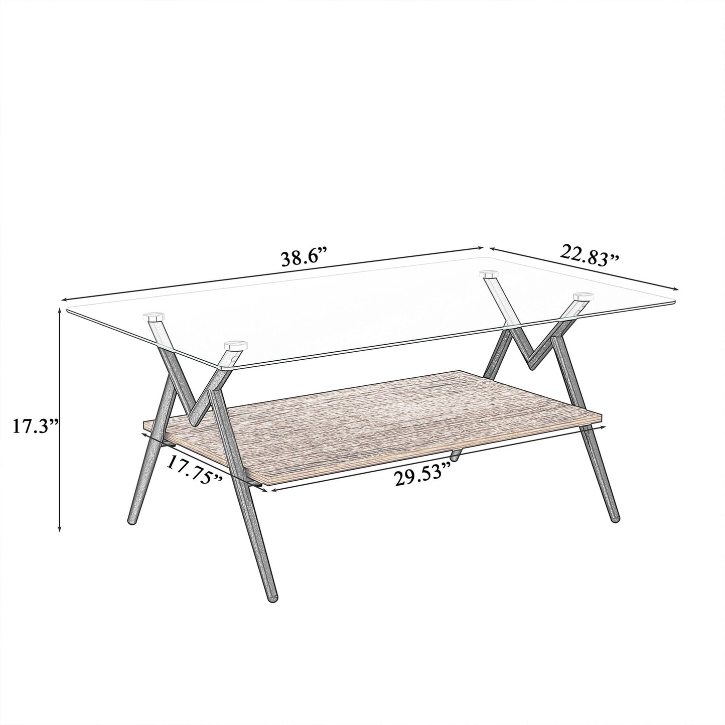 Rectangle Coffee Table With Tempered Glass Top And Metal Legs, Modern Table For Living Room, Transparent Glass - Dark Brown