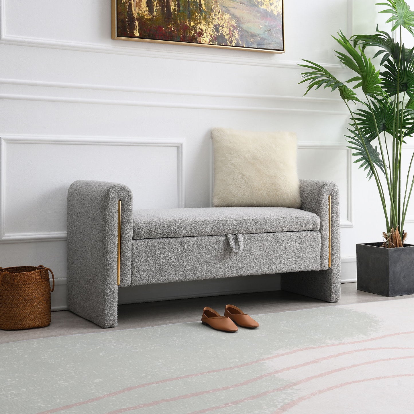 Modern Teddy Bed End Bench With Arms And Storage, Upholstered Large Foot Rest Stool, Comfy Window Vanity Bench For Living Room, Dorm, Coffee Table, Teddy - Gray