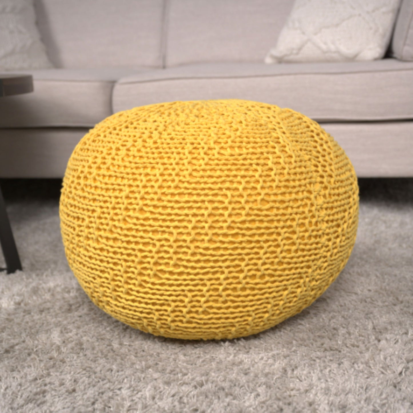 Bordeaux - Knitted Cotton Round Pouf, Versatile Ottoman Or Floor Cushion - Yellow
