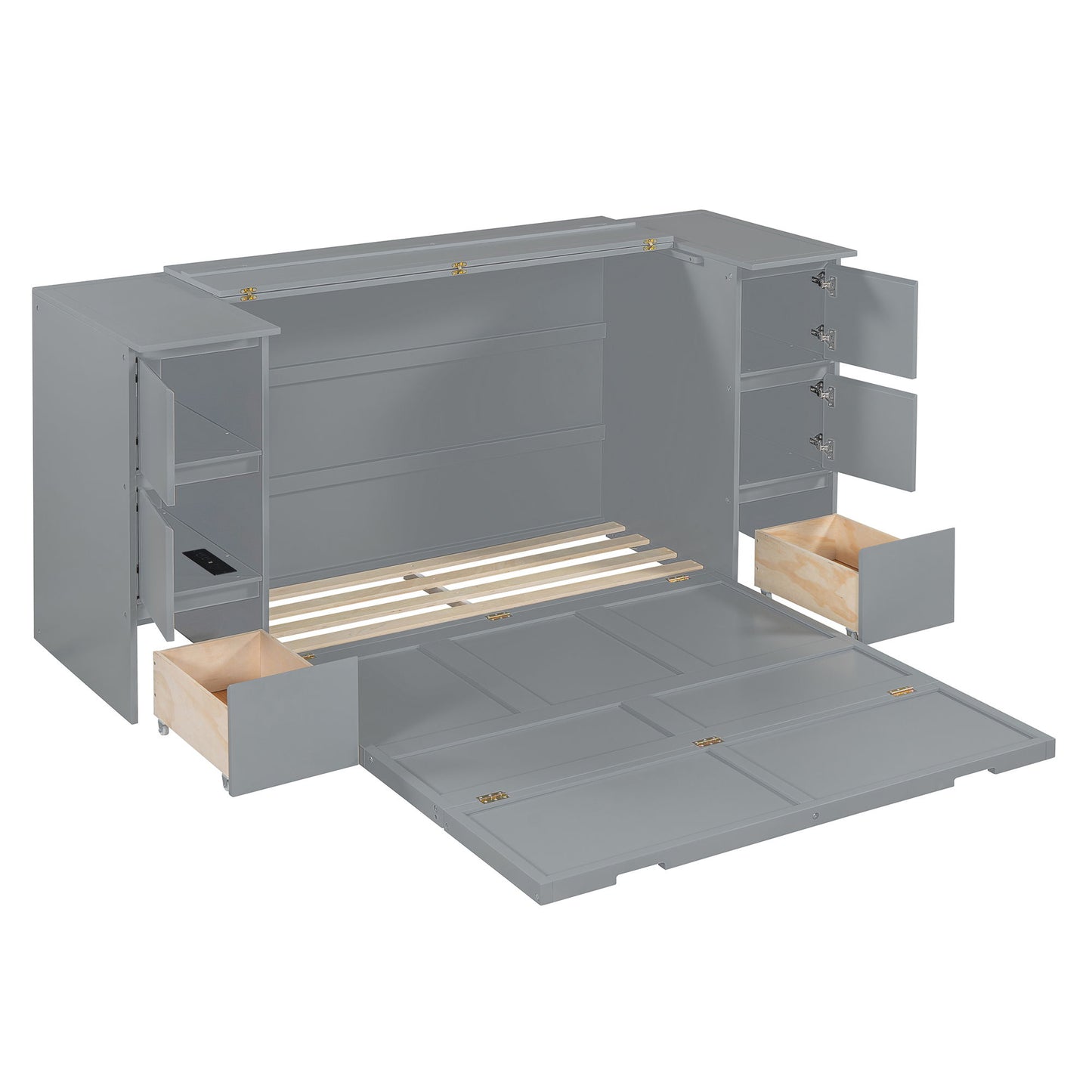 Full Size Murphy Bed With Drawers, Cabinets, And USB Ports - Gray