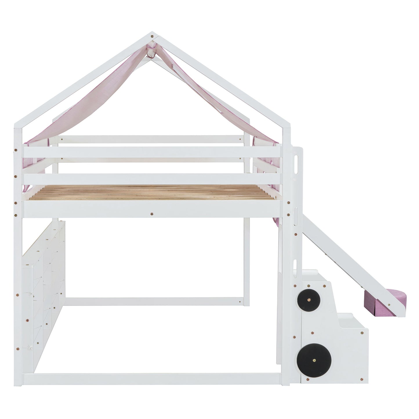 Full Size Loft Bed With House Shaped Frame And Tent - White / Pink