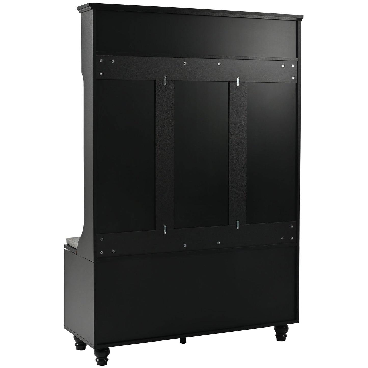 5 In 1 Entryway Bench With Shutter - Shaped Doors, Coat Rack, Cushion And 4 Sturdy Hooks, Wide Hall Tree With Storage Bench For Hallway, Entryway, Living Room - Black