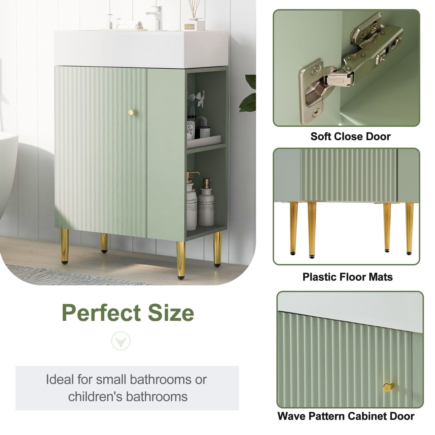 Bathroom Vanity, Combo Cabinet, Bathroom Storage Cabinet, Single Ceramic Sink, Right Side Storage - Green