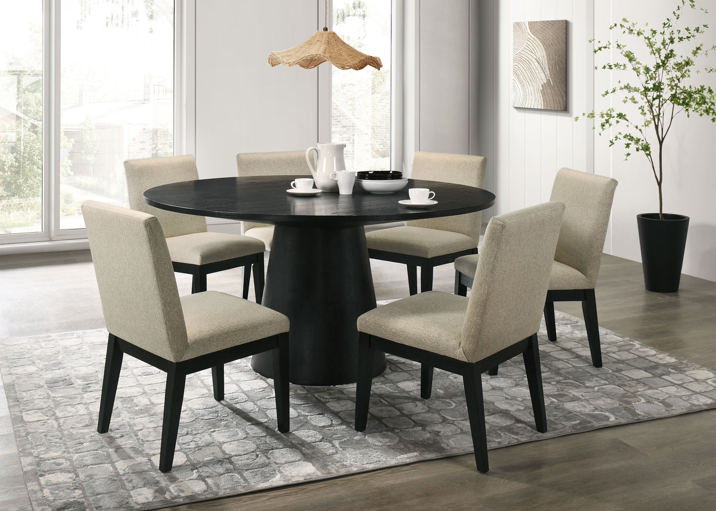 Jasper - 7 Piece Round Dining Table Set With Beige Fabric Chairs - Ebony Black