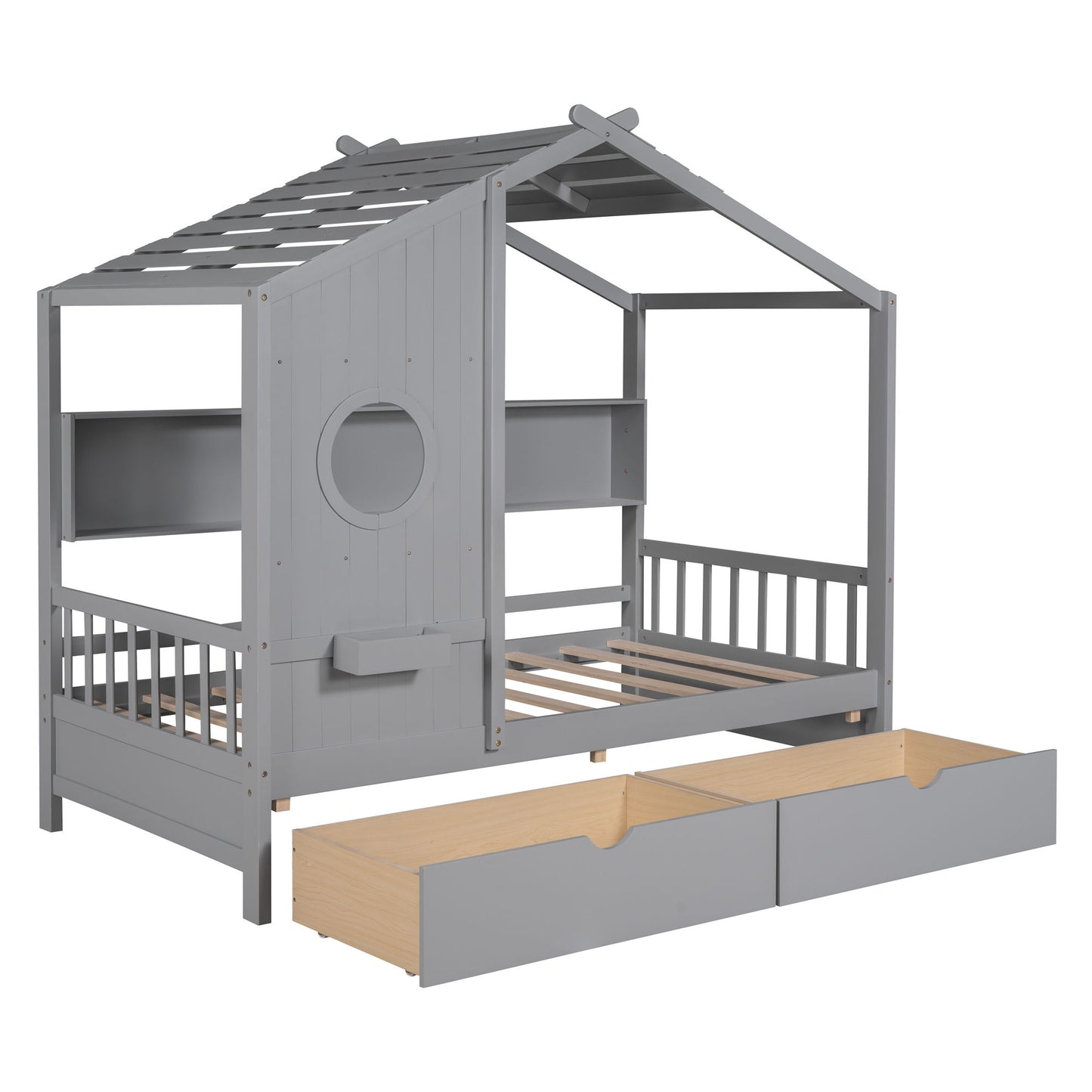 Twin Size House Bed With 2 Drawers, Kids Bed With Storage Shelf - Gray