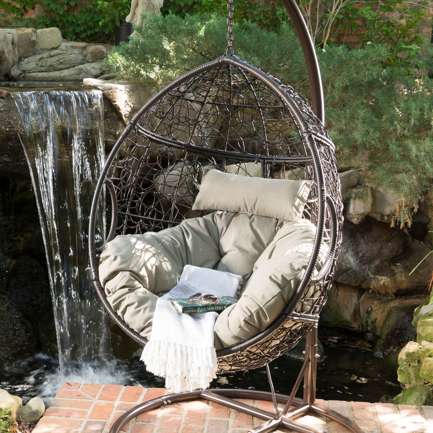 Kylie - Hanging Basket Chair Brown Cozy Rattan Design With Water Resistant Cushions - Khaki / Brown