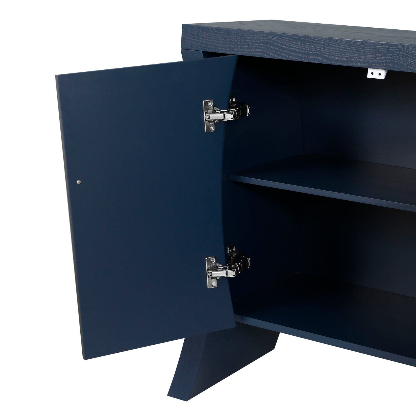 Refined Industrial 4 Door Credenza With Wooden Arc Legs & Bronze Clasps, Advanced Storage Design - Navy Blue