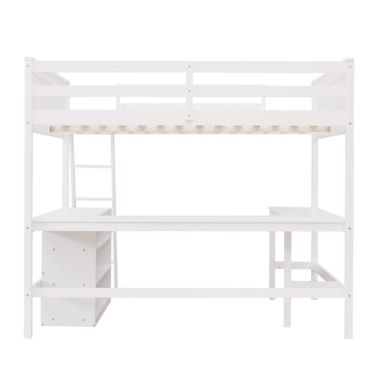 Full Size Loft Bed With Shelves With Desk - White