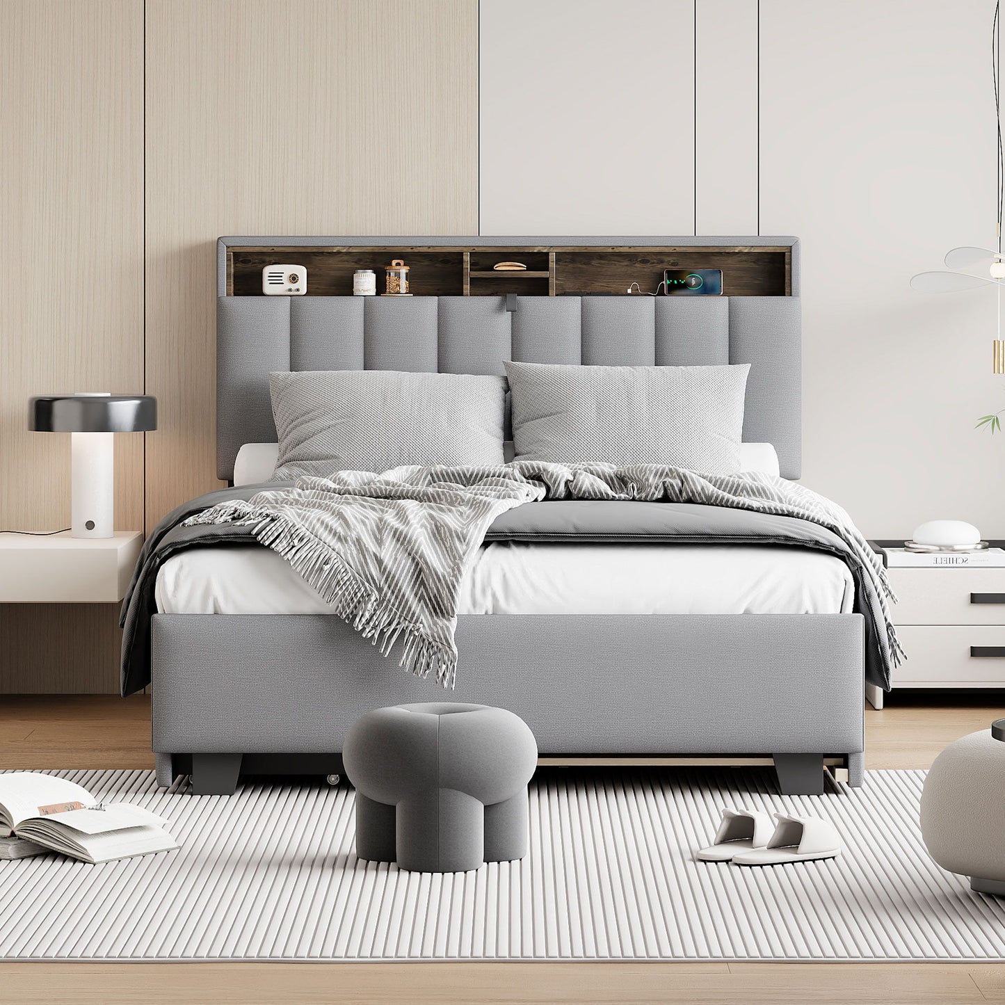 Full Size Upholstered Platform Bed With Storage Headboard, Twin Size Trundle & 2 Drawers And A Set Of Sockets & USB Ports - Gray