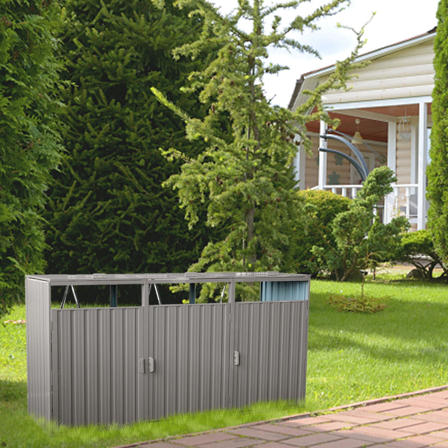 Garbage Bin Shed Stores 3 Trash Cans Metal Outdoor Bin Shed For Garbage Storage, Stainless Galvanized Steel, Bin Shed For Garden Yard Lawn - Gray