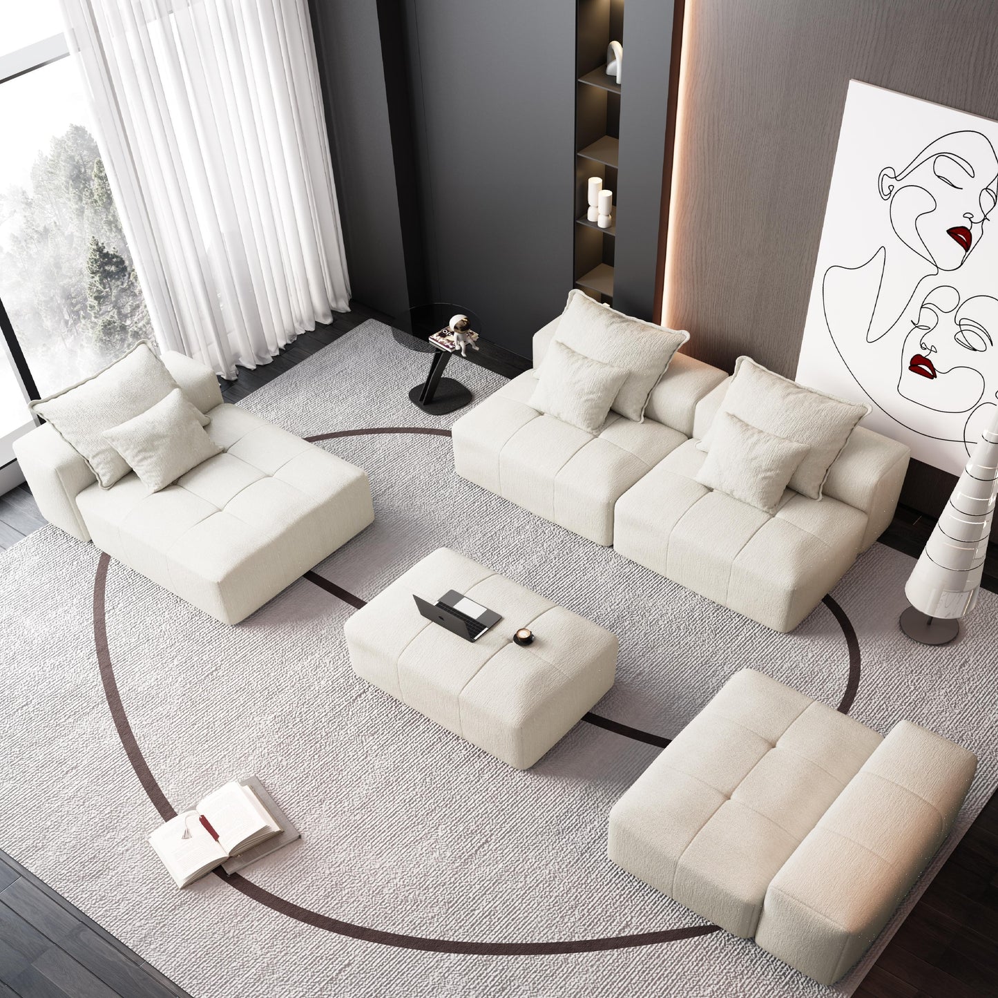 Modern Oversized Modular Sectional Sofa, Sparkling Chenille Fabric Soft Cushion Sofa With 6 Pillows, 6 Pieces Diy Combination Tufted Sofa, No Assembly Required - Beige