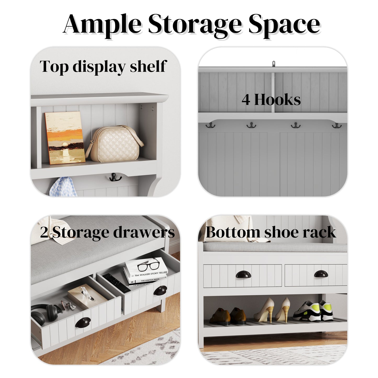 Modern 3 In 1 Hallway Hall Tree With Storage Drawers, Coat Rack, Shoe Rack Bench, And Cushion - Gray