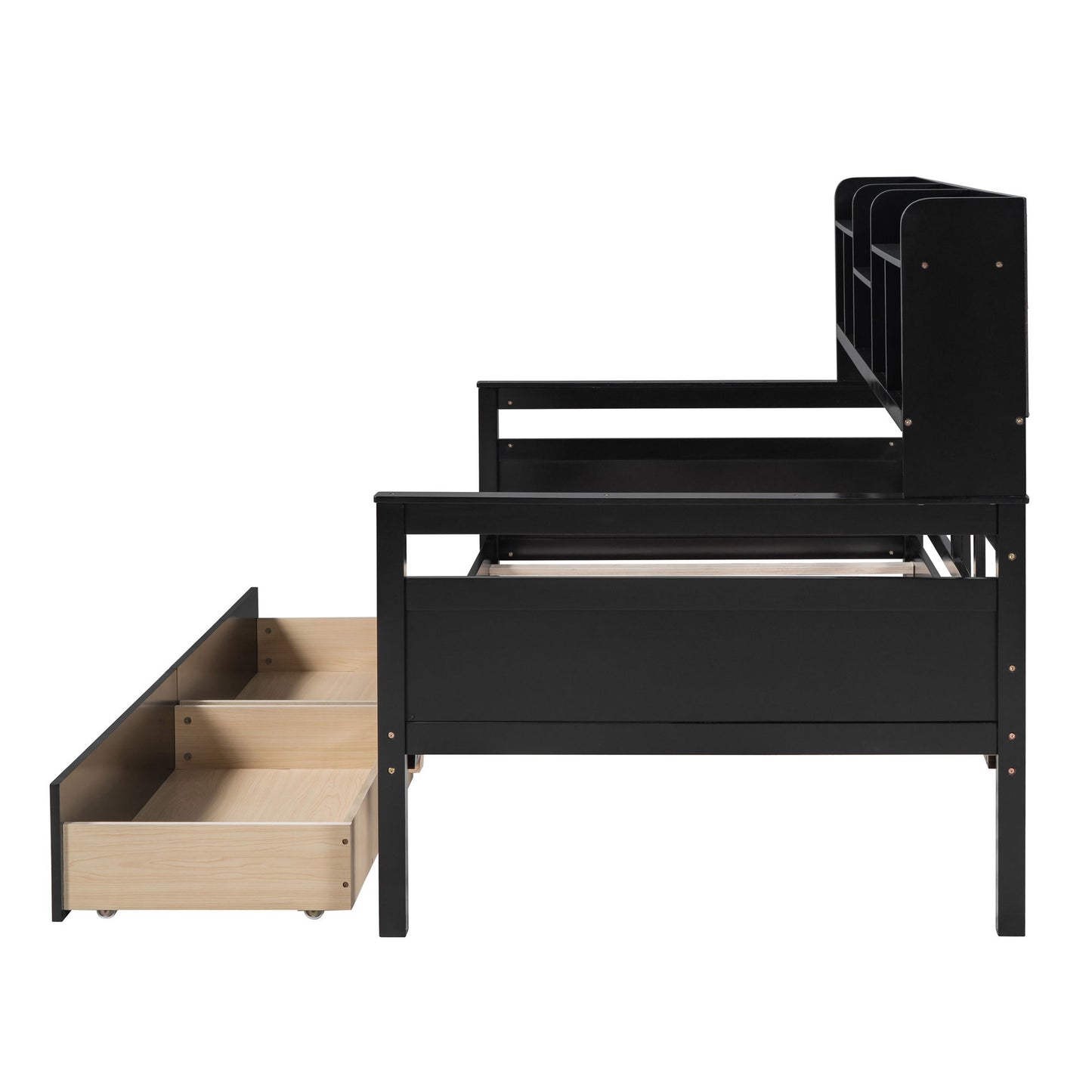 Twin Size Daybed, Slat Support, With Bedside Shelves And 2 Drawers - Espresso