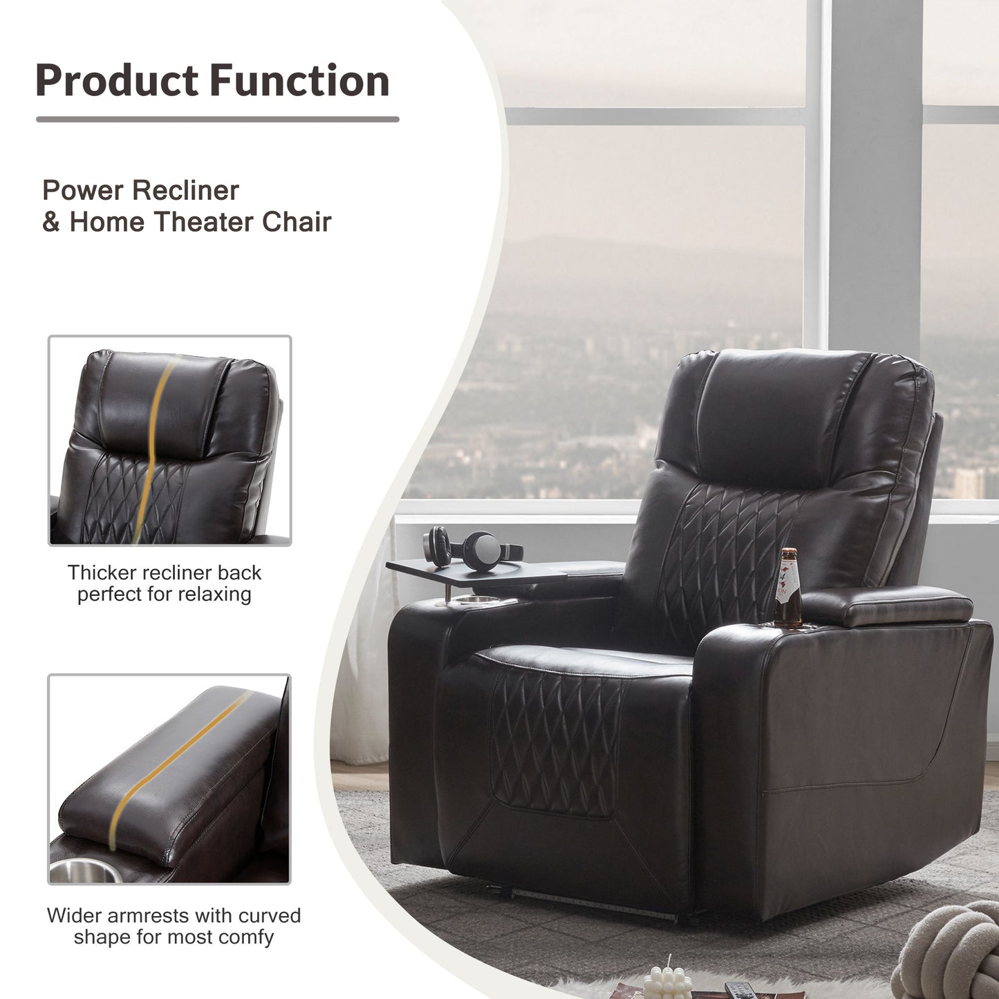 Power Motion Recliner With USB Charging Port And Hidden Arm Storage 2 Convenient Cup Holders Design And 360 Degree Swivel Tray Table - Black