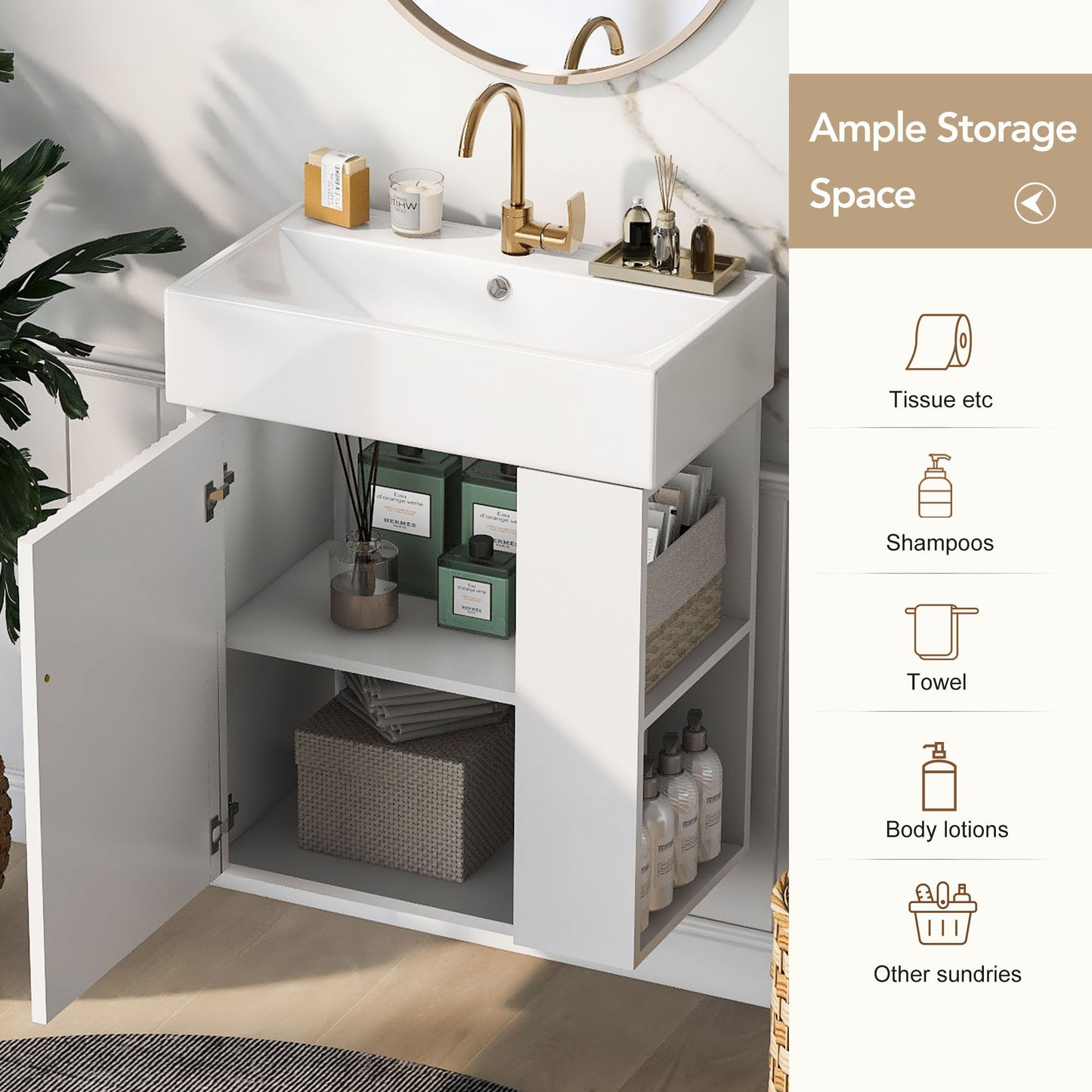 Modern Floating Bathroom Vanity With Ceramic Basin Perfect For Small Bathrooms, Right Side Storage - White