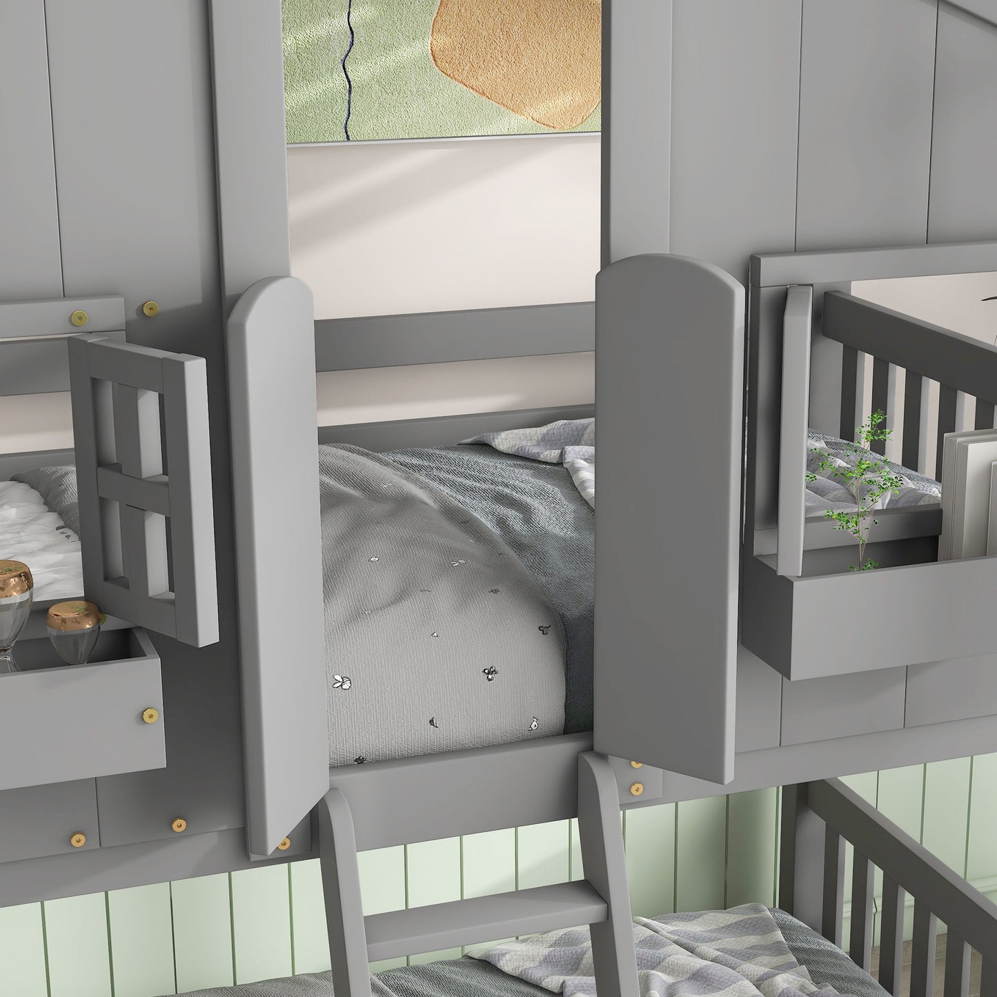 Twin Over Twin House Bunk Bed With Roof, Window, Window Box, Door, With Safety Guardrails And Ladder - Gray