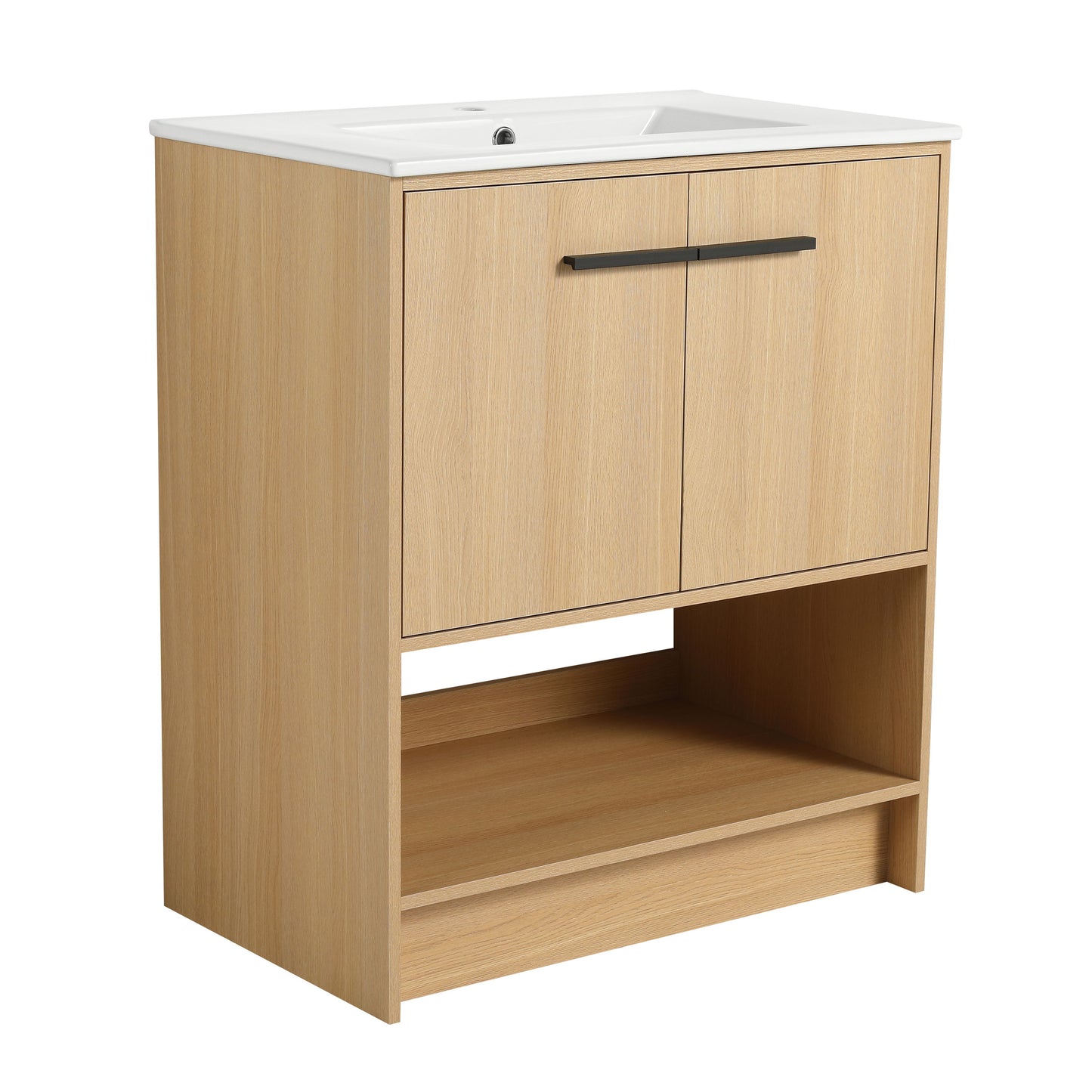 Modern 30" Bathroom Vanity With Ceramic Sink, Freestanding Cabinet, 2 Soft Closing Doors - Oak