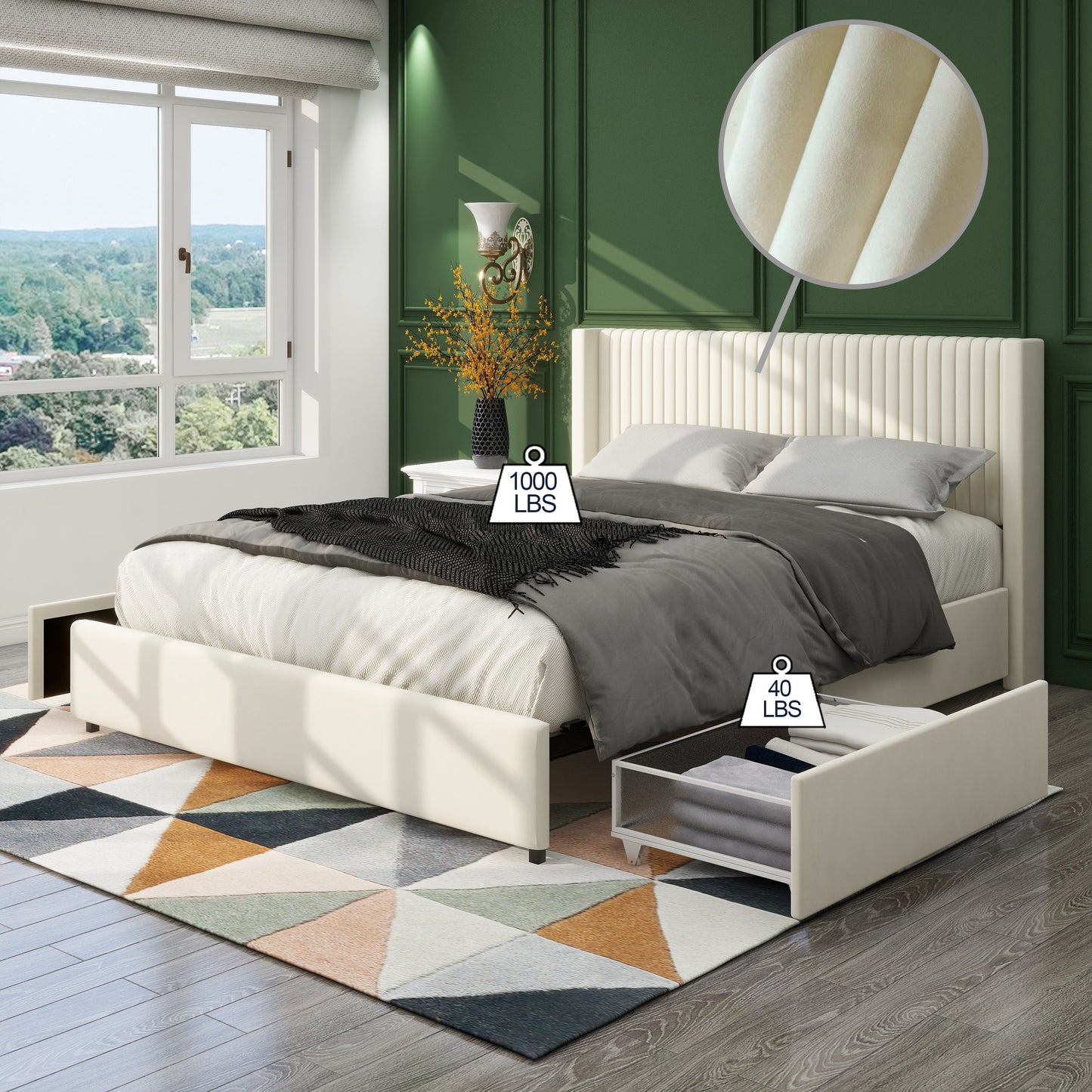 Anna - Queen Patented 2 Drawer Storage Bed, Upholstered Wingback - Ivory Velvet