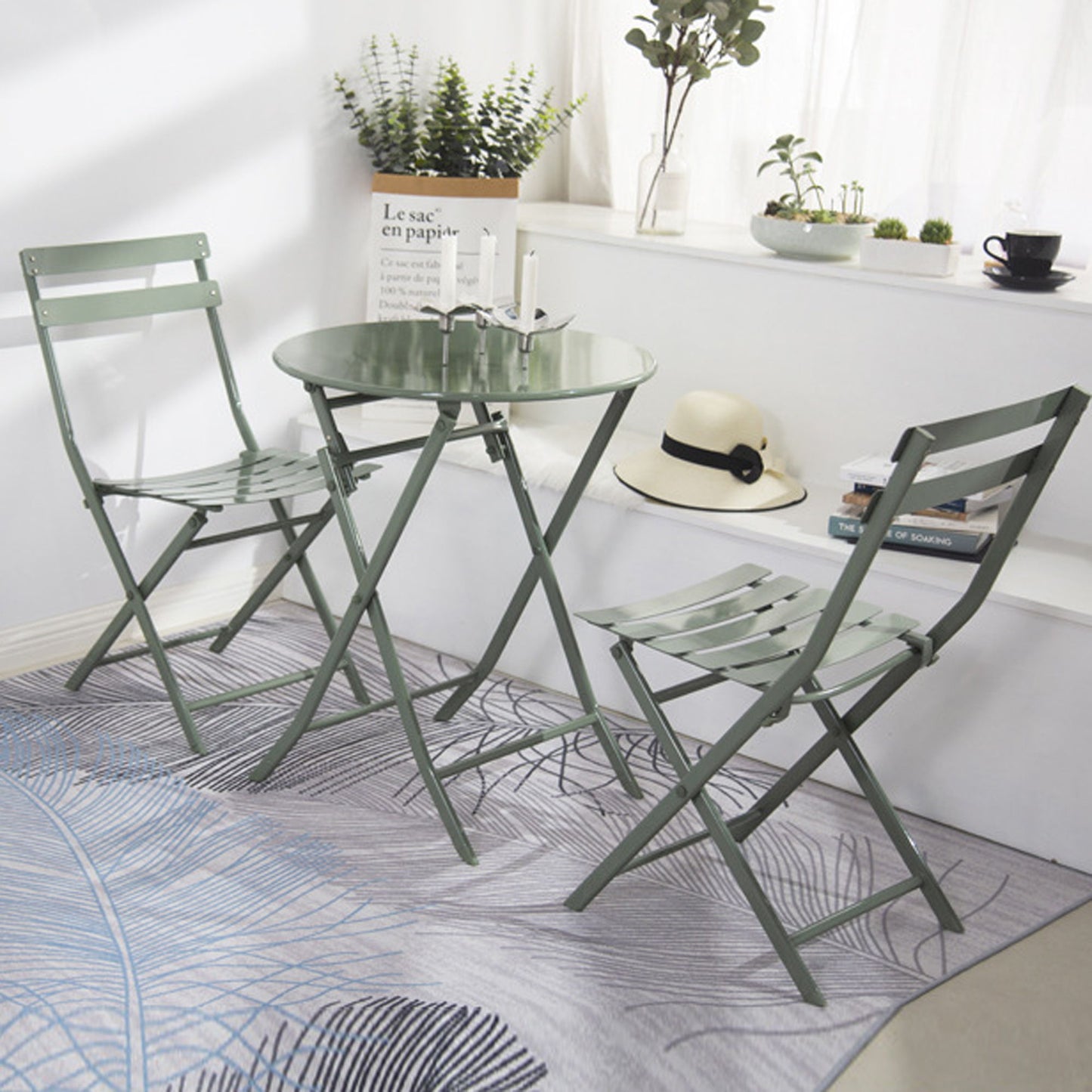 3 Piece Patio Bistro Set Of Foldable Round Table And Chairs - Dark Green