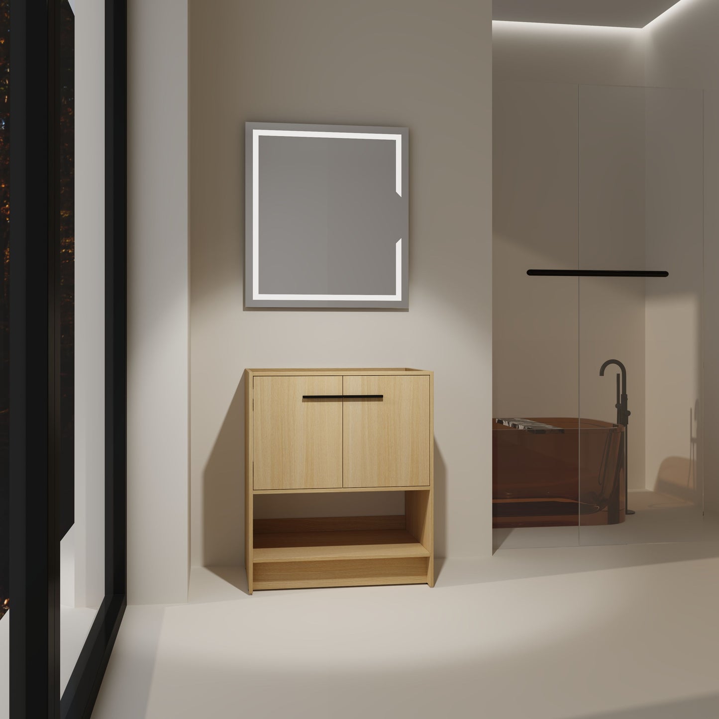 Modern Freestanding 30" Bathroom Vanity With Open Storage Compartment, Construction, Excluding Sink - Oak