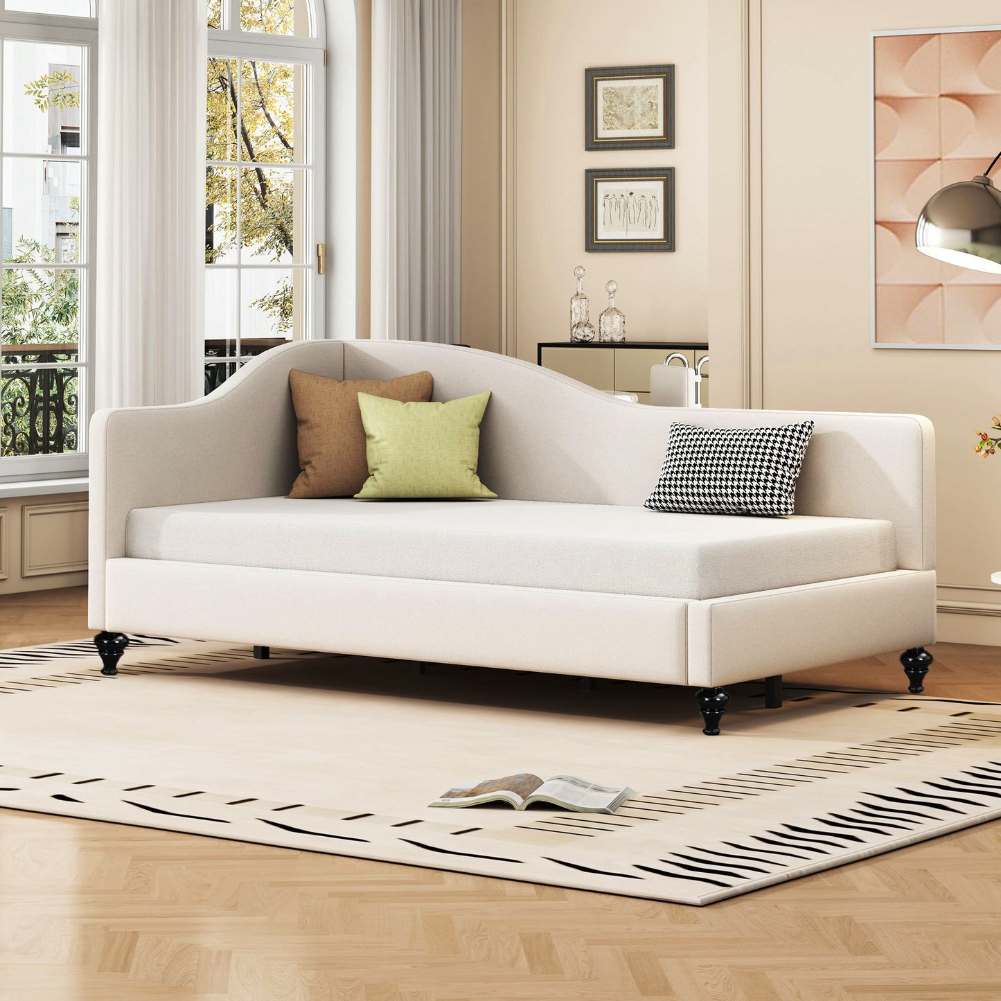 Twin Size Modern L Shaped Linen Daybed With Legs - Beige