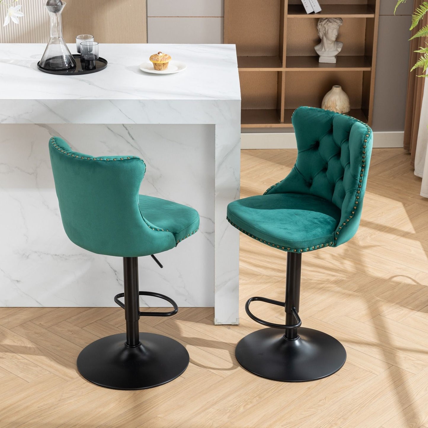 Swivel Velvet Barstools Adjusatble Seat Height, Modern Upholstered Bar Stools With Backs Comfortable Tufted For Home Pub And Kitchen Island (Set of 2) - Green