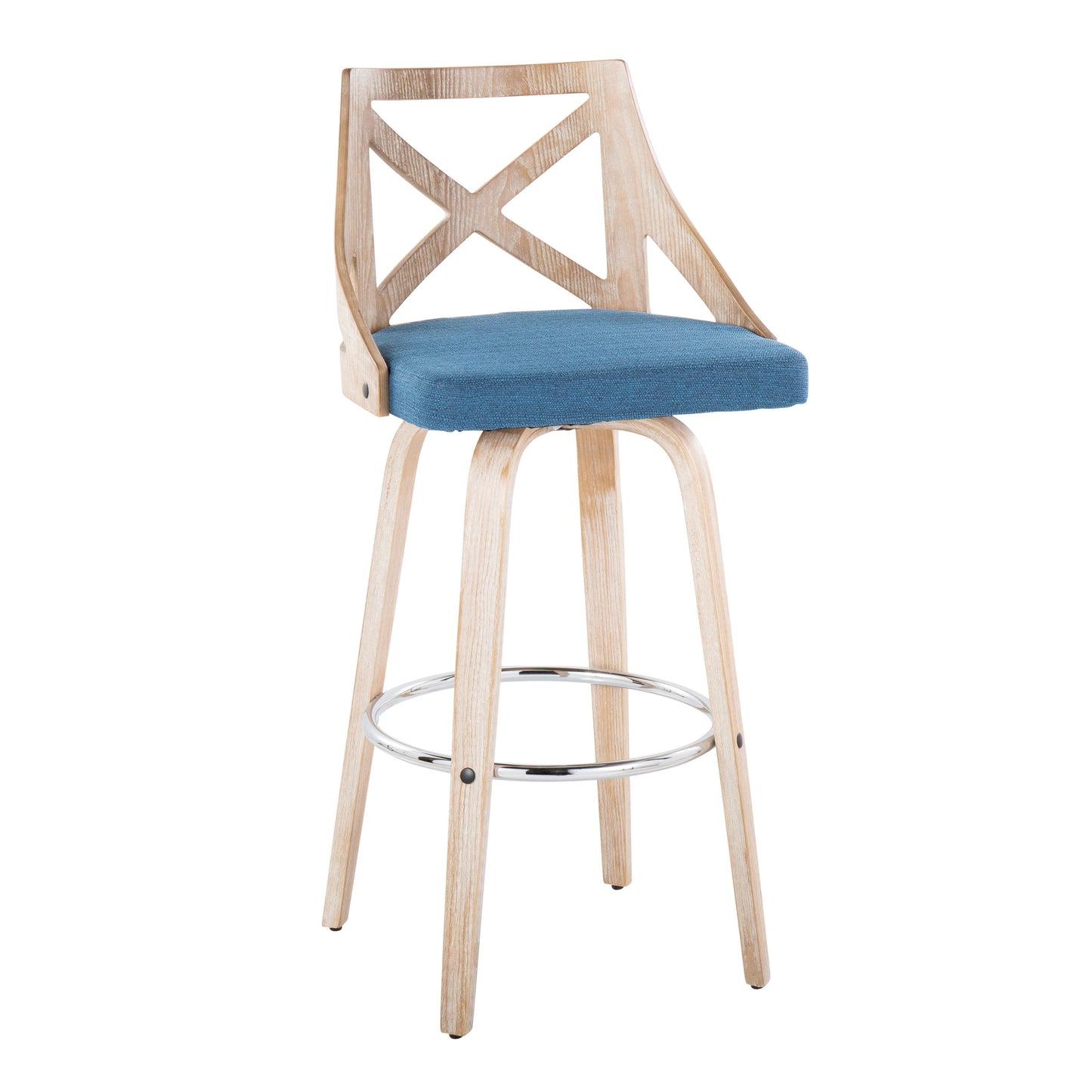 Charlotte - Farmhouse Fixed Height Counter Stool With Swivel And Round Footrest (Set of 2) - Blue / White Washed