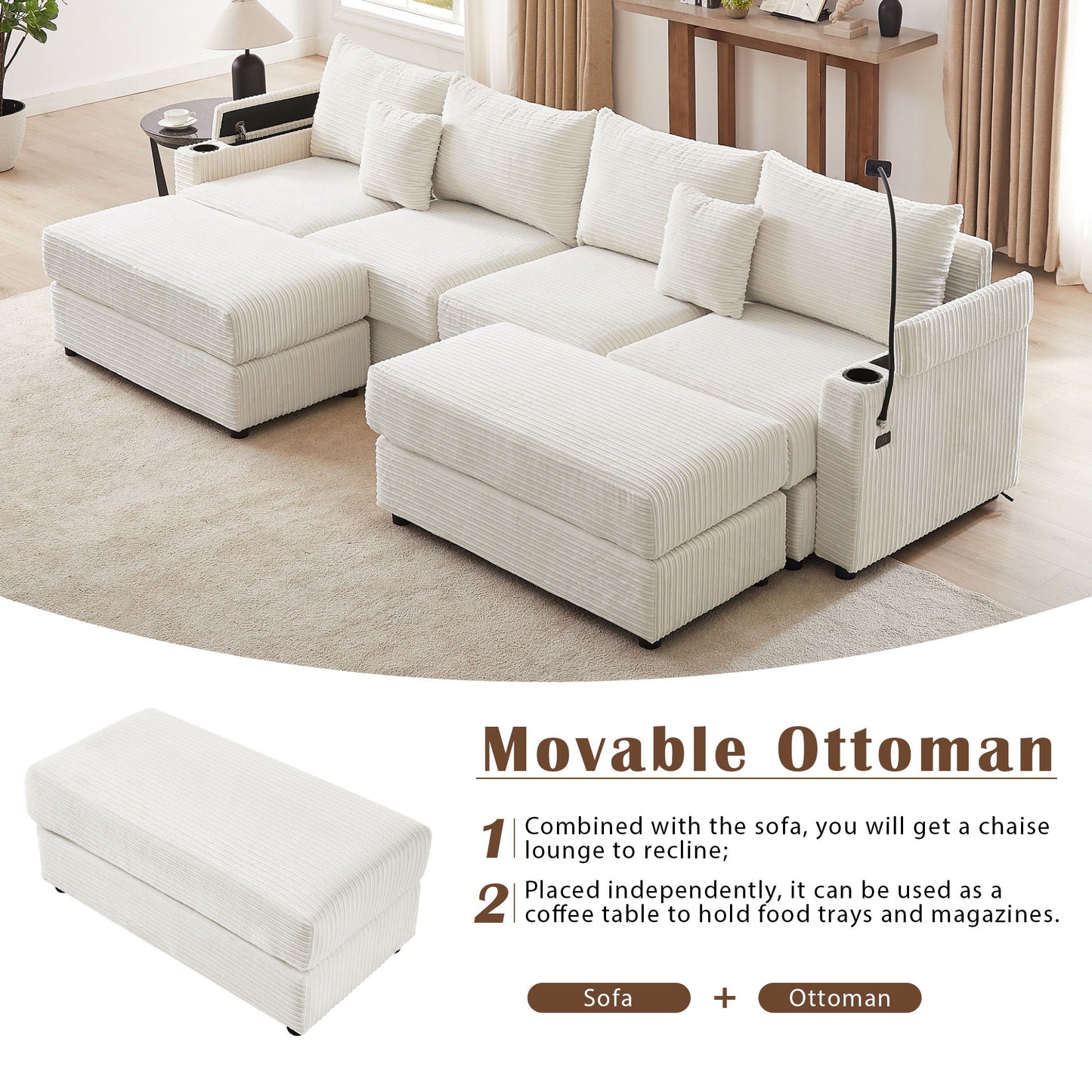 Modern Style 4 Seater Sofa Sectional Sofa Couch With Storage Space, Two Movable Ottomans, Two USB Ports, Two Cup Holders, A Phone Holder For Living Room - Beige