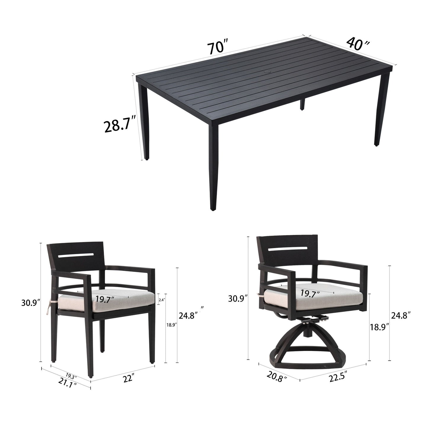 7 Piece Modern Outdoor Patio Dining Set Furniture, 4 Dining Chairs & 2 Swivel Rockers Sunbrella Fabric And Rectangle Dining Table With Umbrella Hole - Ember Black