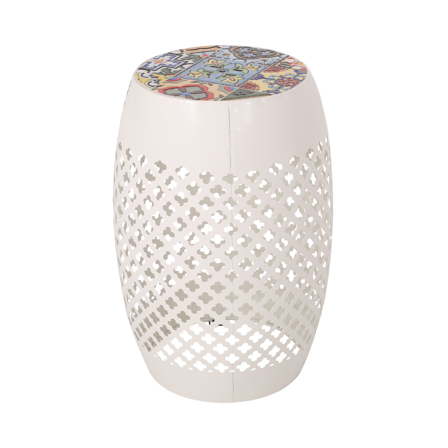 Transitional Roswell - Side Table With Tile Mosaic Top And Lace Cut Metal Frame - White