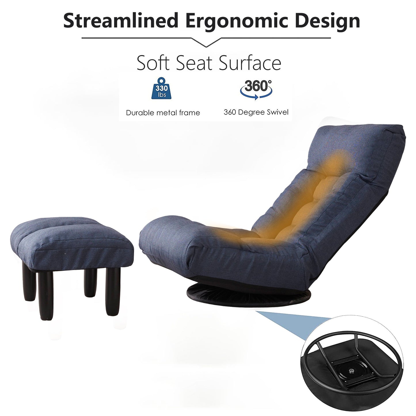 Adjustable Japanese Reclining Floor Chair Sofa With Metal Frame For Living Room & Balcony - Navy