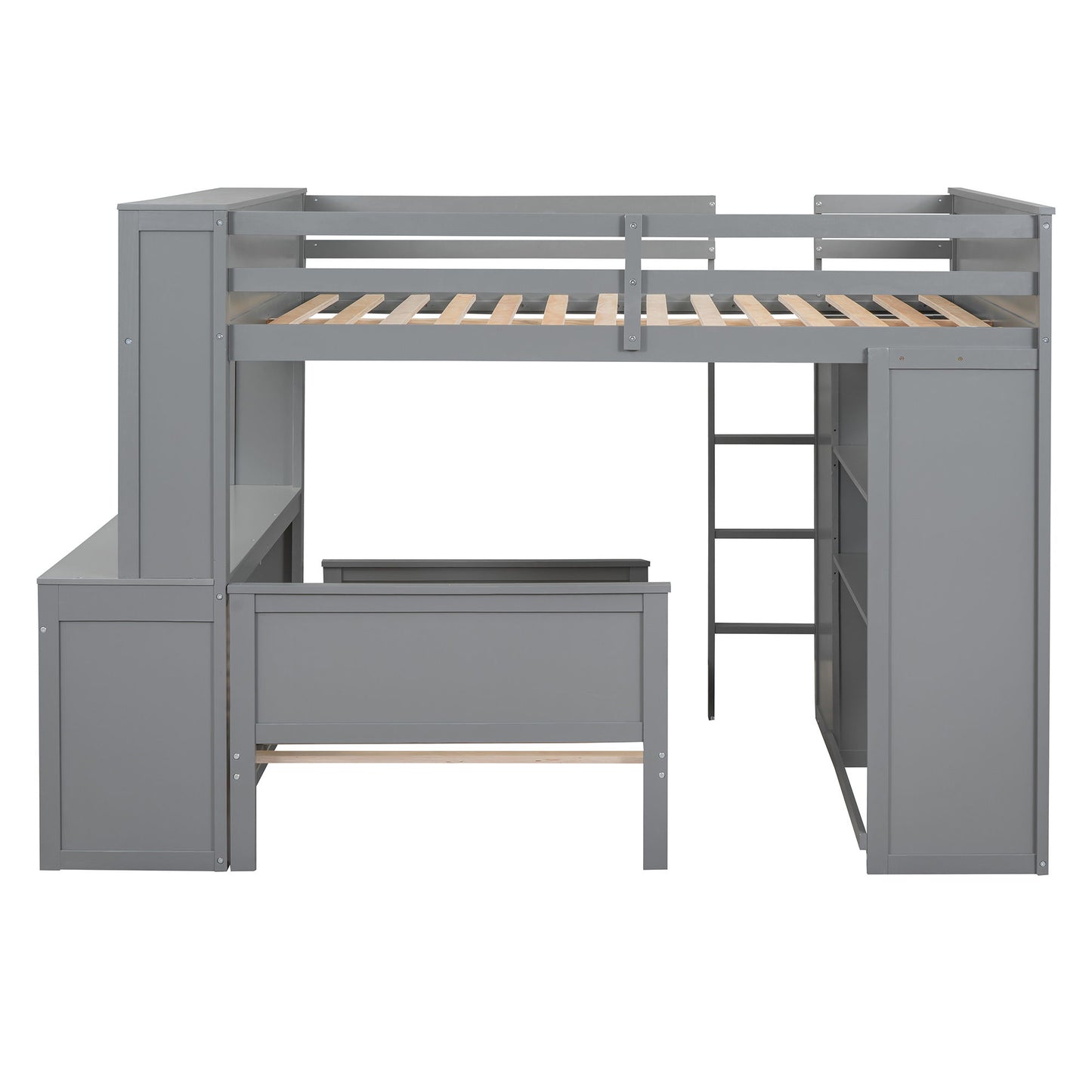 Full Size Loft Bed With A Twin Size Standalone Bed, Shelves, Desk, And Wardrobe - Gray