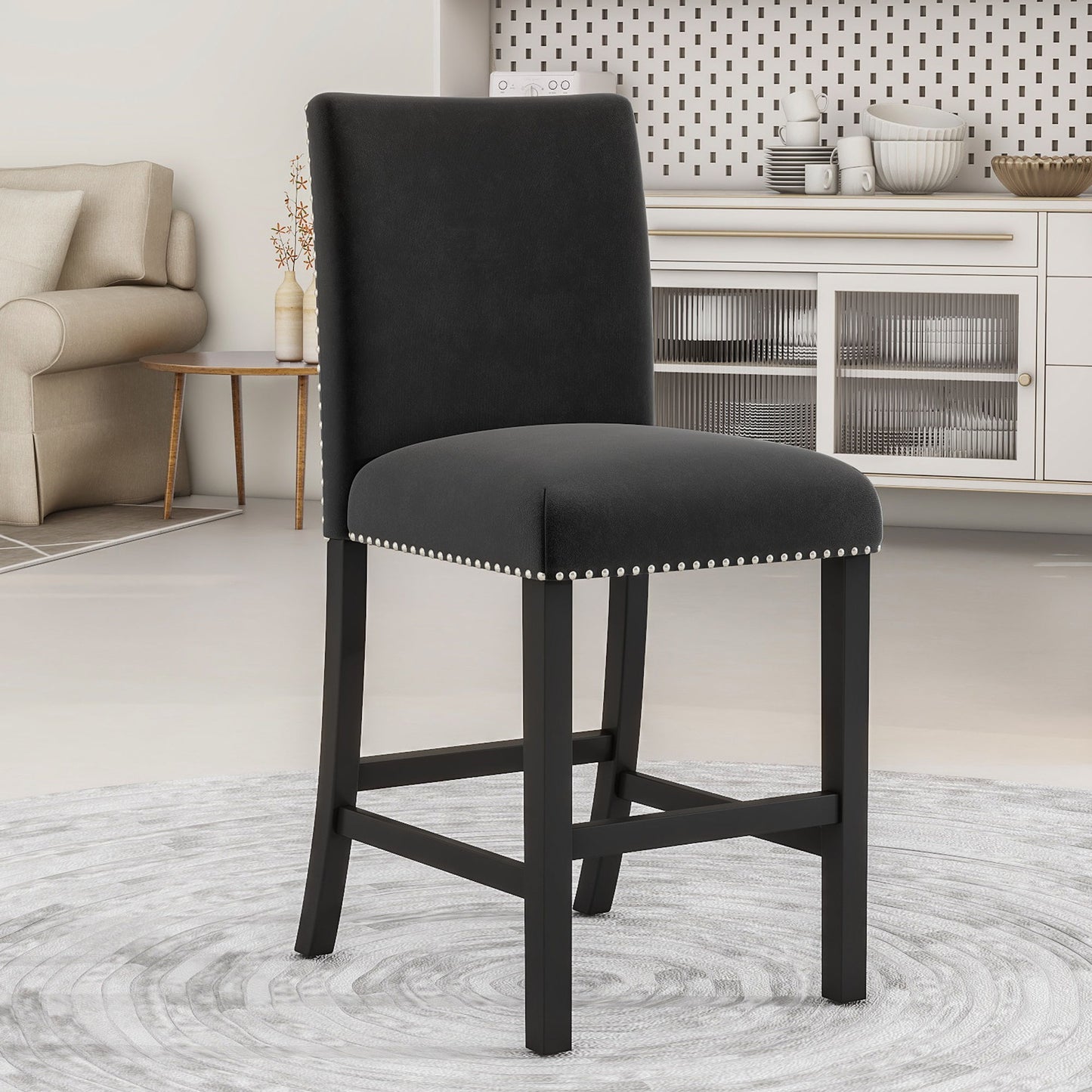 5-Piece Counter Height Dining Table Set With One Faux Marble Top Dining Table And Four Velvet Upholstered Chairs - Black