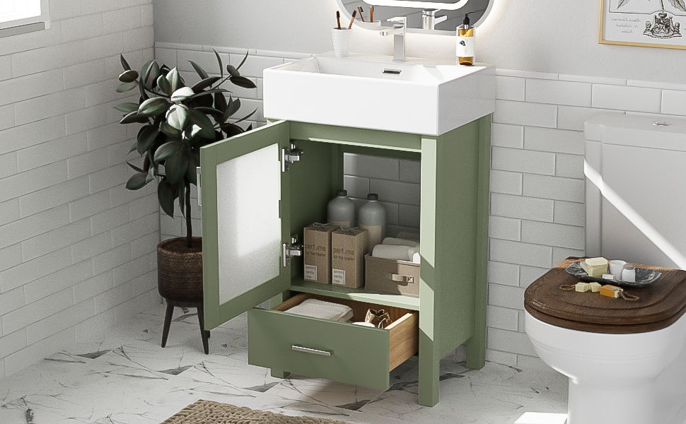 Bathroom Vanity With Ceramic Sink And Ample Storage, Ideal For Small Bathrooms - Green