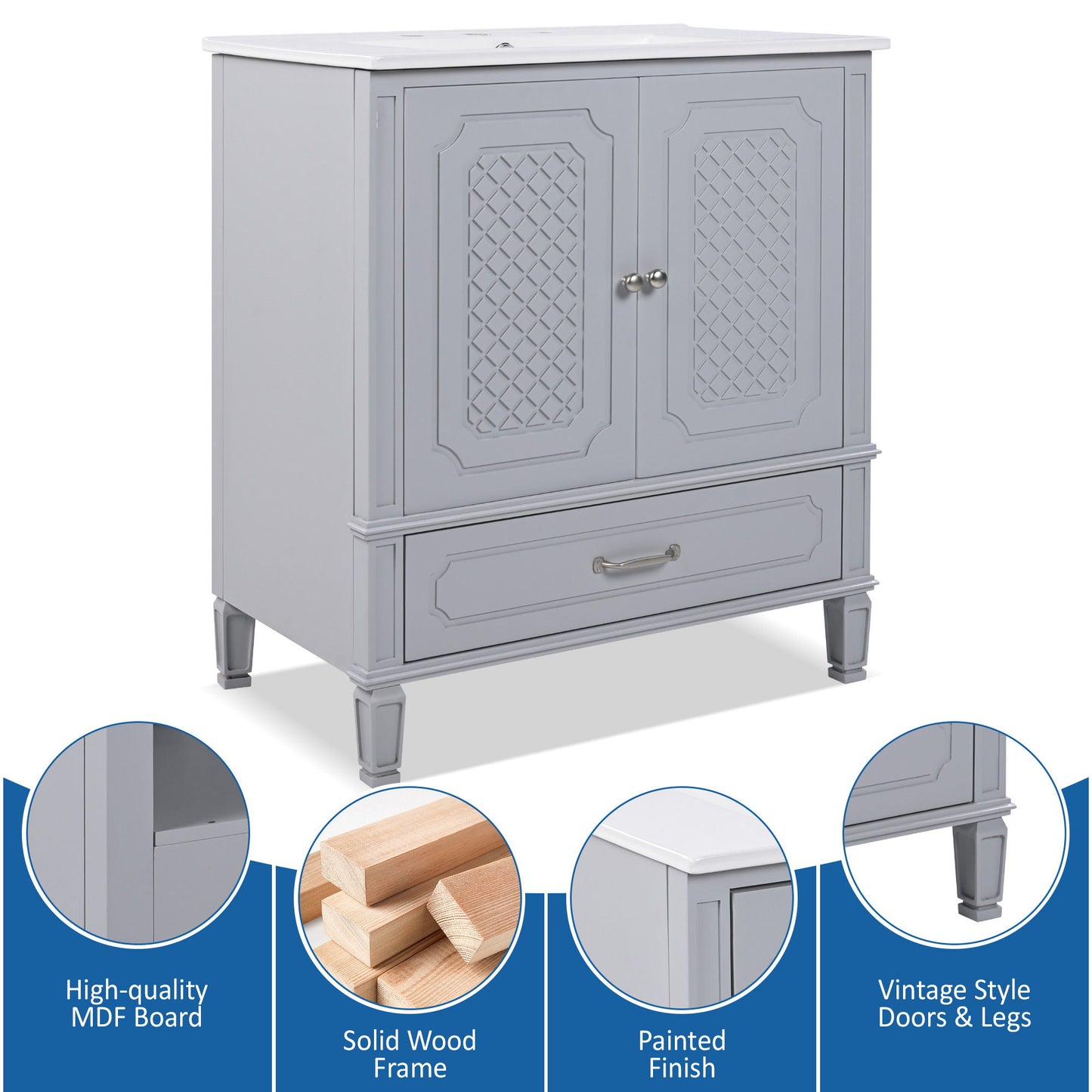 Vintage Style 30" Bathroom Vanity With Sink, Multi Functional Storage, Soft Closing Door - Gray