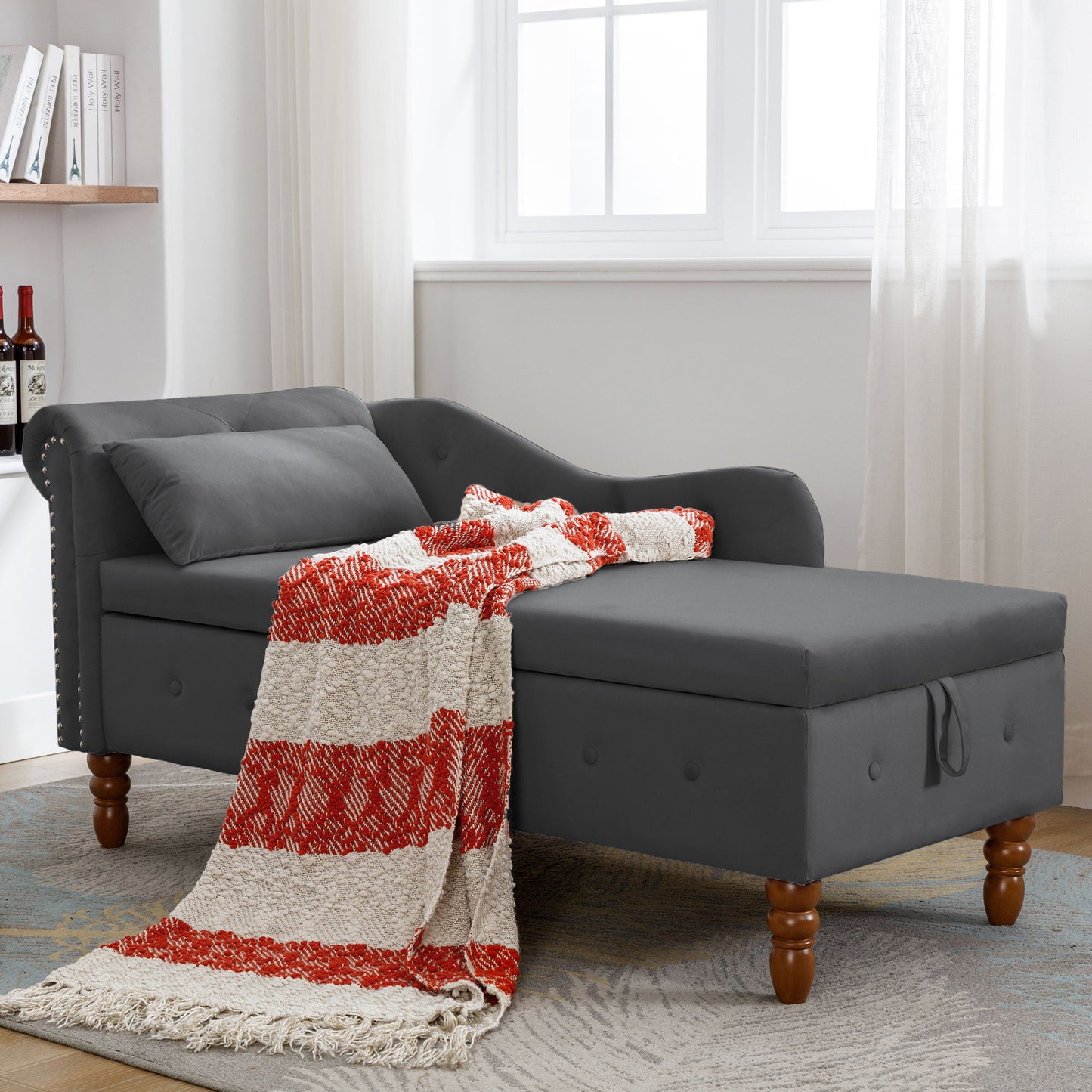 Chaise Lounge Indoor, Velvet Lounge Chair For Bedroom With Storage & Pillow, Modern Upholstered Rolled Arm Chase Lounge For Sleeping With Nailhead Trim For Living Room Bedroom Office - Black