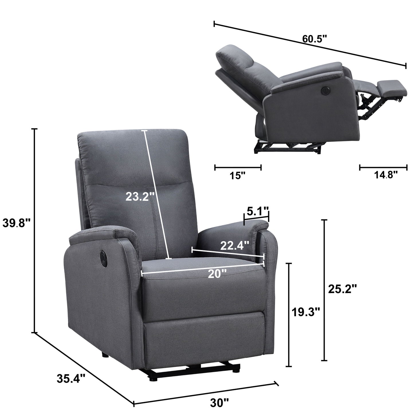 Power Recliner Chair With USB Charge Port, Recliner Single Chair - Gray
