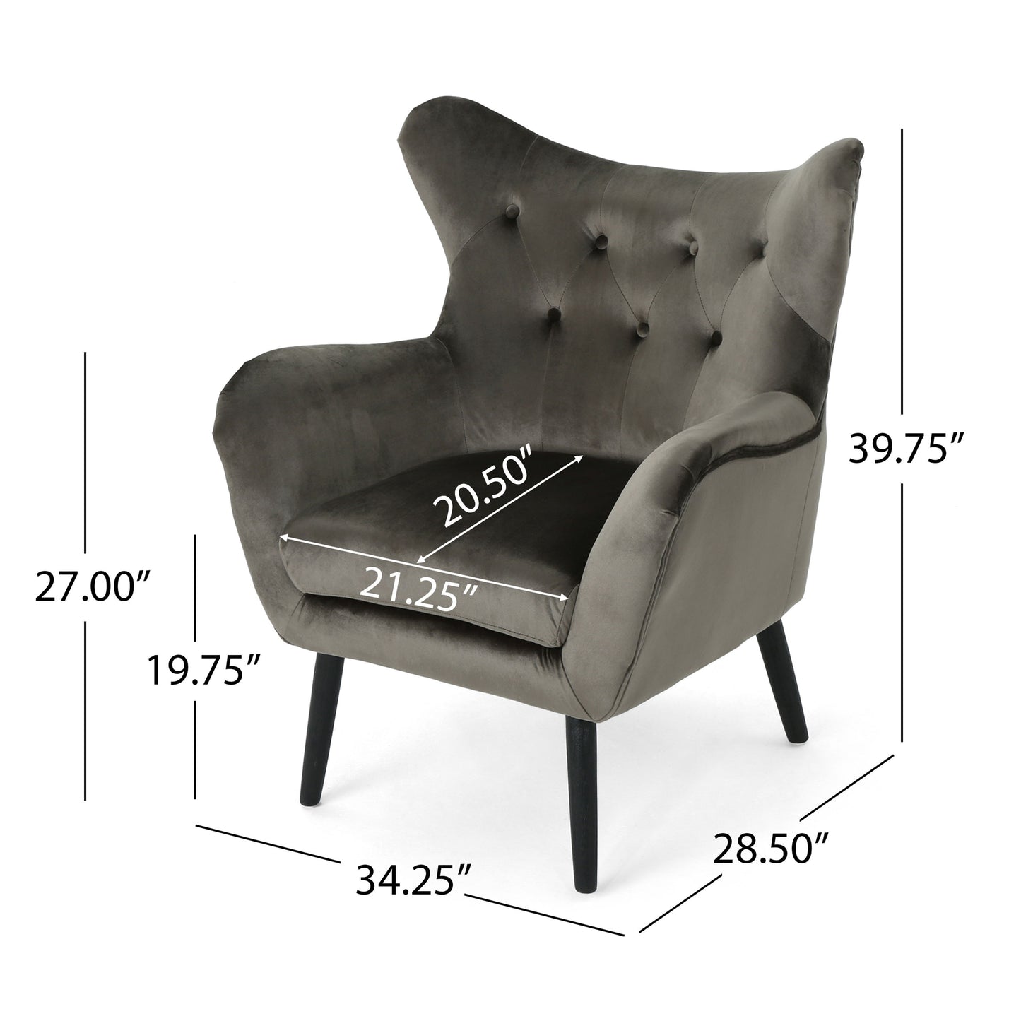 Modern Velvet Arm Chair With Tufted Wingback Design - Gray