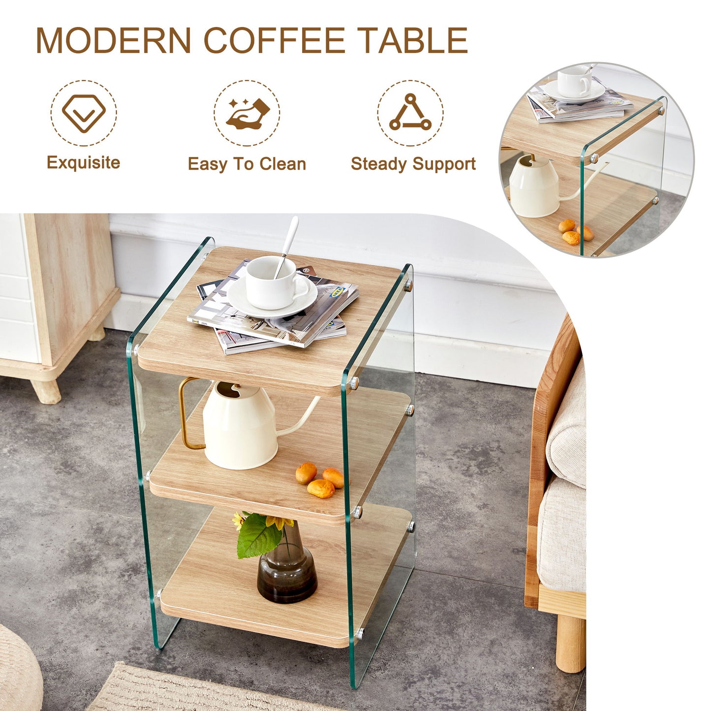 Modern 3 Layer Bedside Cabinet With Storage Function In Wood And Tempered Glass - Wood