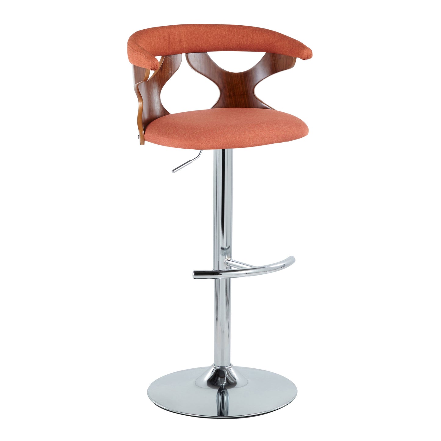 Gardenia - Mid-Century Modern Adjustable Barstool With Swivel With Rounded T Footrest (Set of 3) - Chrome / Walnut / Orange